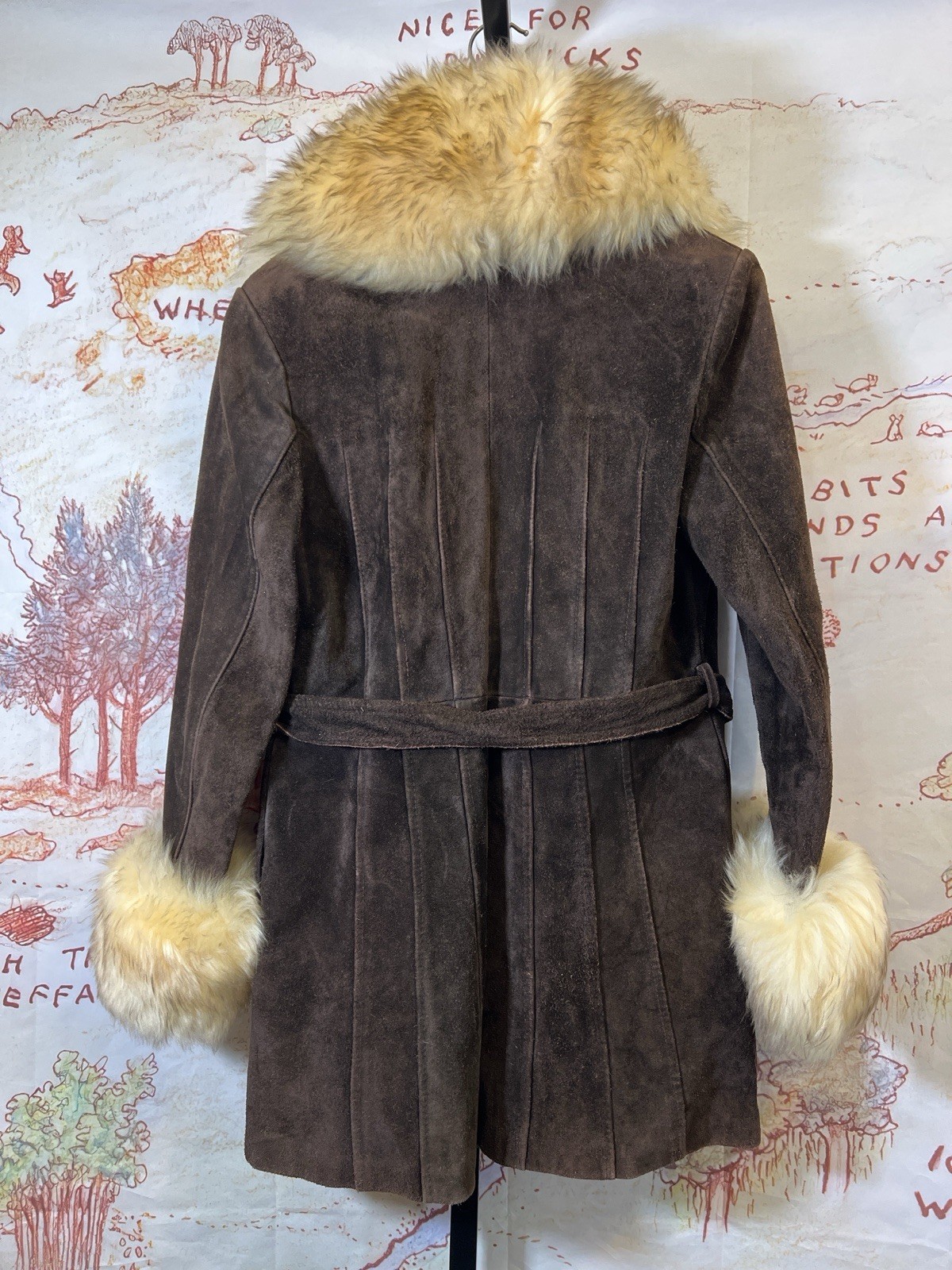 Vintage Wards The Tannery Leather Coat Fur Collar Belted Brown 15/16
