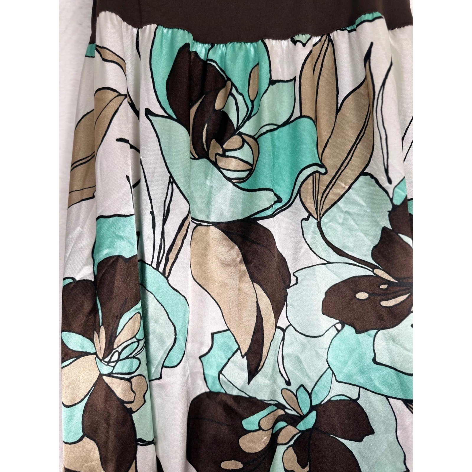 Candie’s Y2K Floral Maxi Dress XL Brown Aqua Empire Waist Satin 2000s Boho Indie