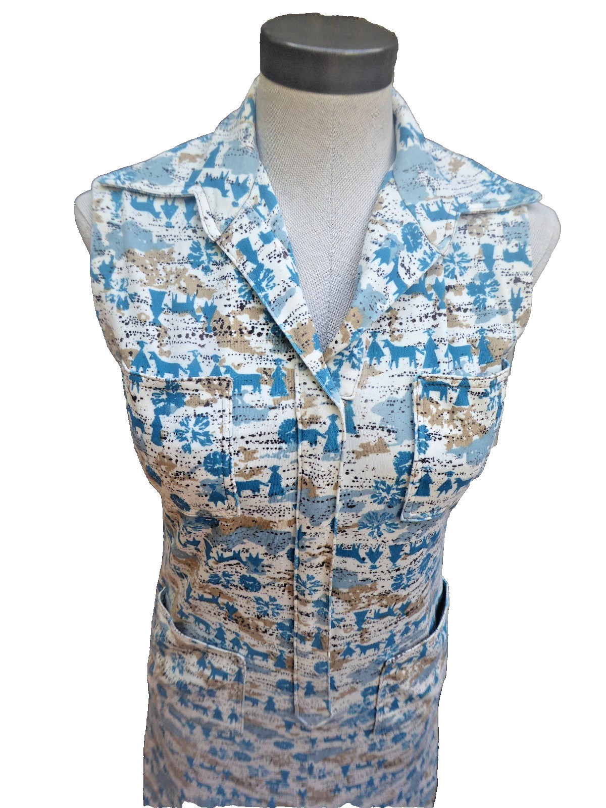 VTG 60s 70s Handmade Novelty Print Shift Dress Blue White Sleeveless Mod Small