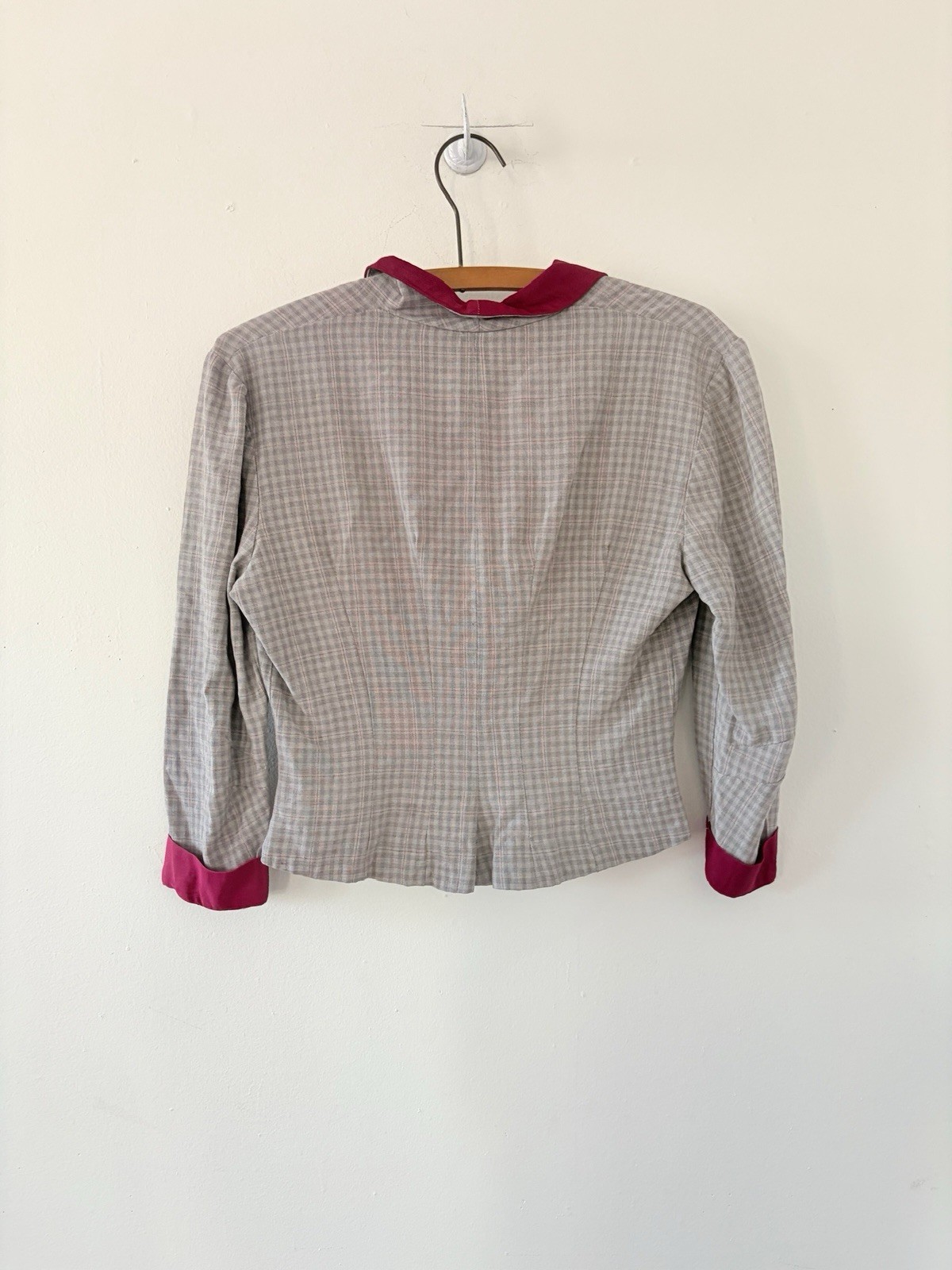 1940s Plaid Rayon Structured Peplum Jacket/Bodice Top W/ Contrast Faille Trim S