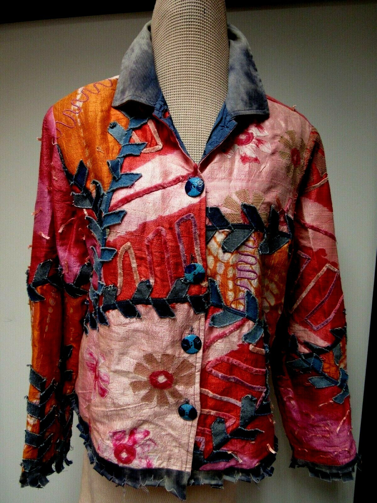 VTG SANDY STARKMAN Silk Cotton Jacket Coat Top Art Embroidery Applique Red Pink