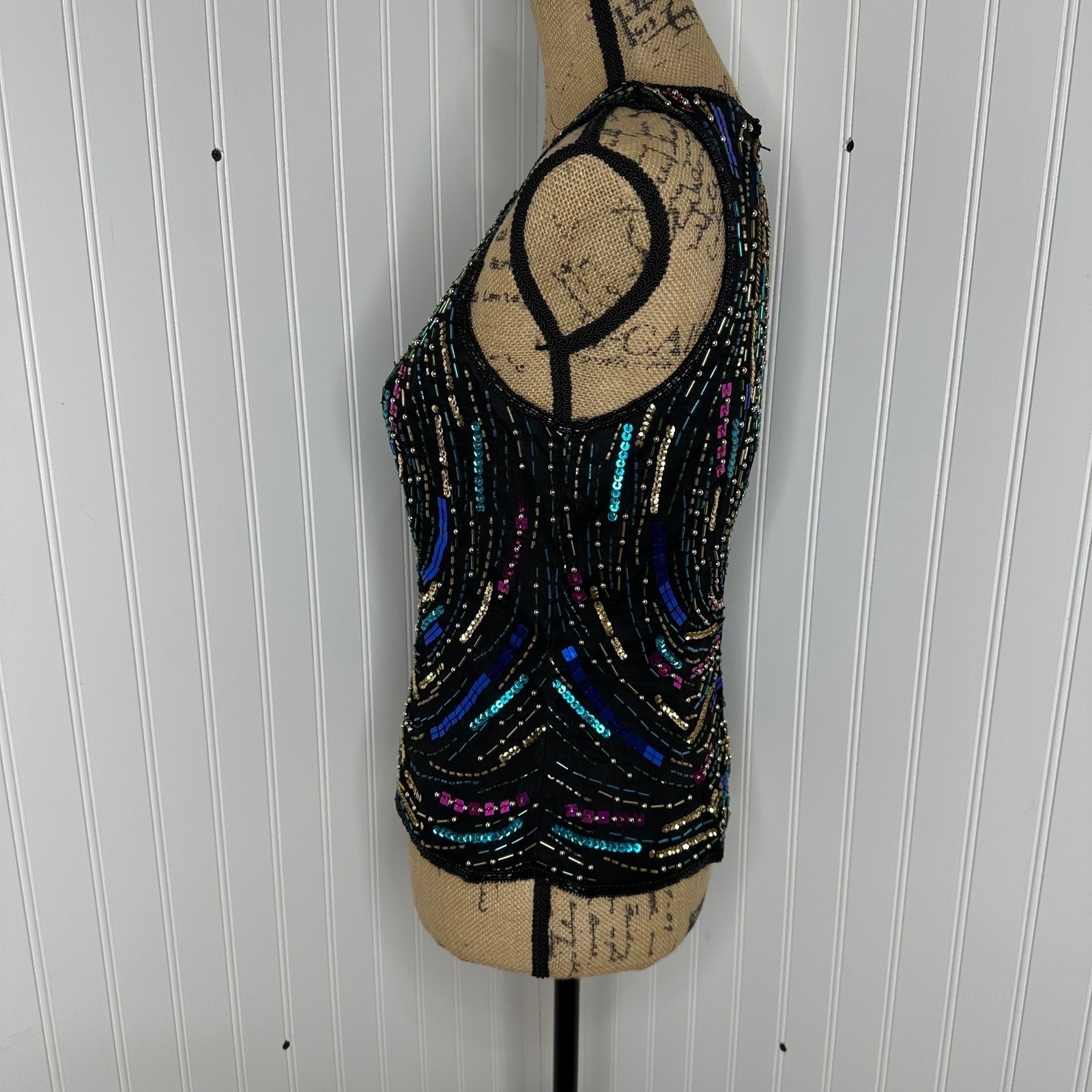 Laurence Kazar Black Silk Beaded Sequin Swirl Sleeveless Top Vintage Glam Sz M