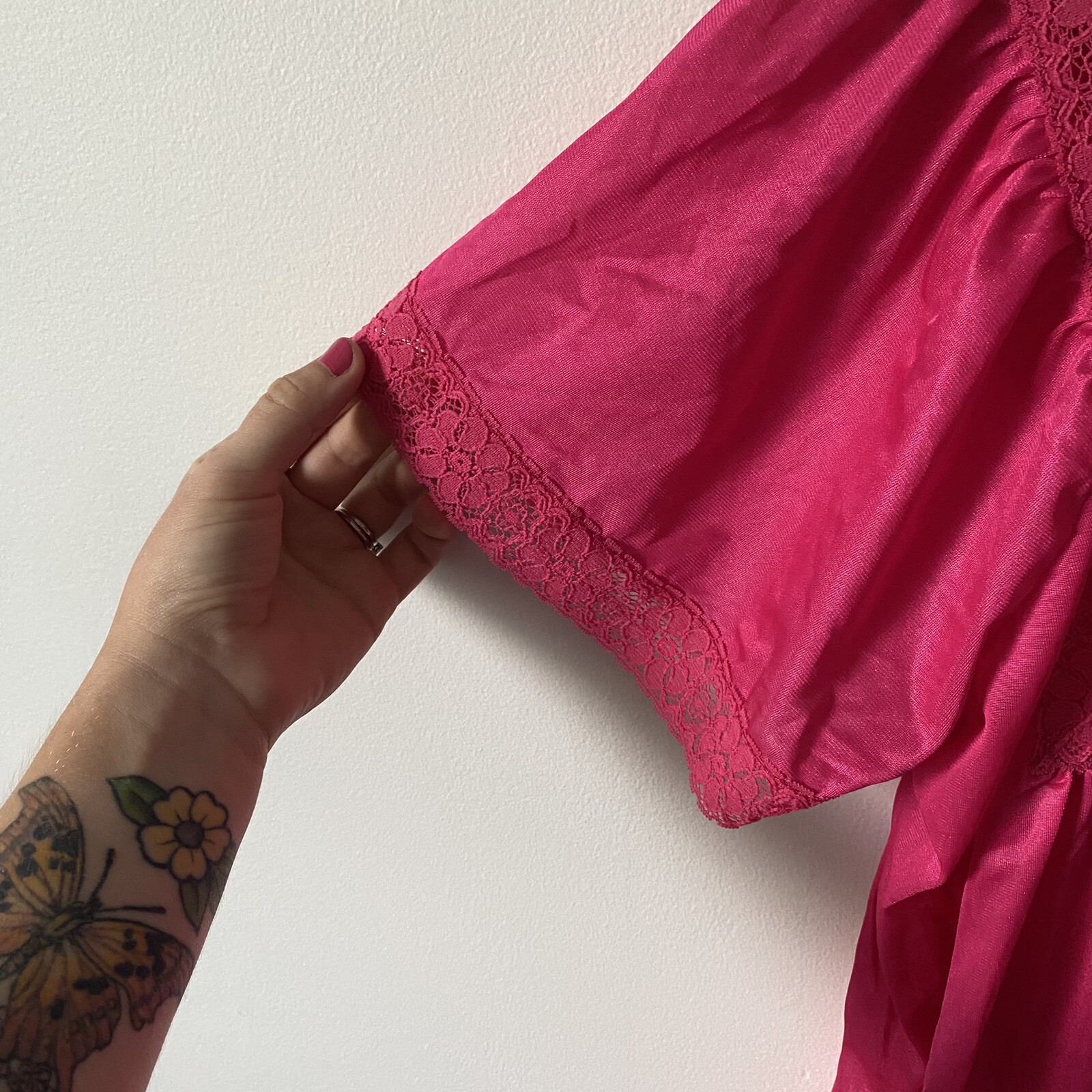 Vintage 70s Balletcore Boho Barbie Pink Rikki NY Maxi Floral Lace Night Gown