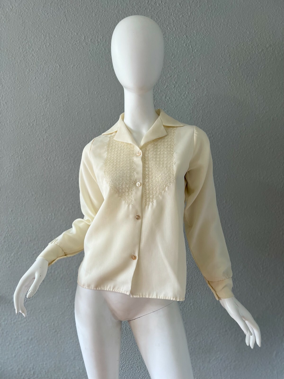 Vintae 70s Ivory Boho Semi Sheer Button Retro Disco Blouse Top S