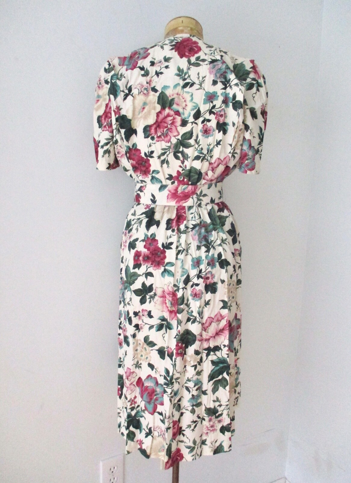 Vtg 80s purple rose floral modest tea garden party dress wide belt pockets S