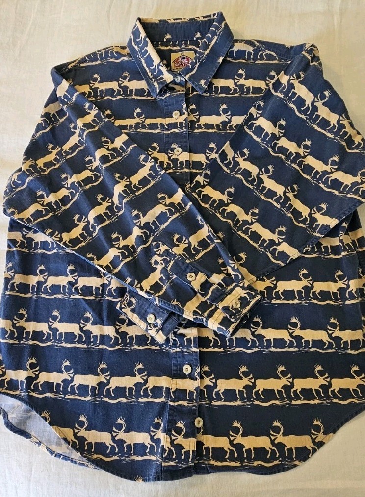 Vtg Barn Fly Casual Button Up Shirt Womens Size L Navy Elk All Over Pattern