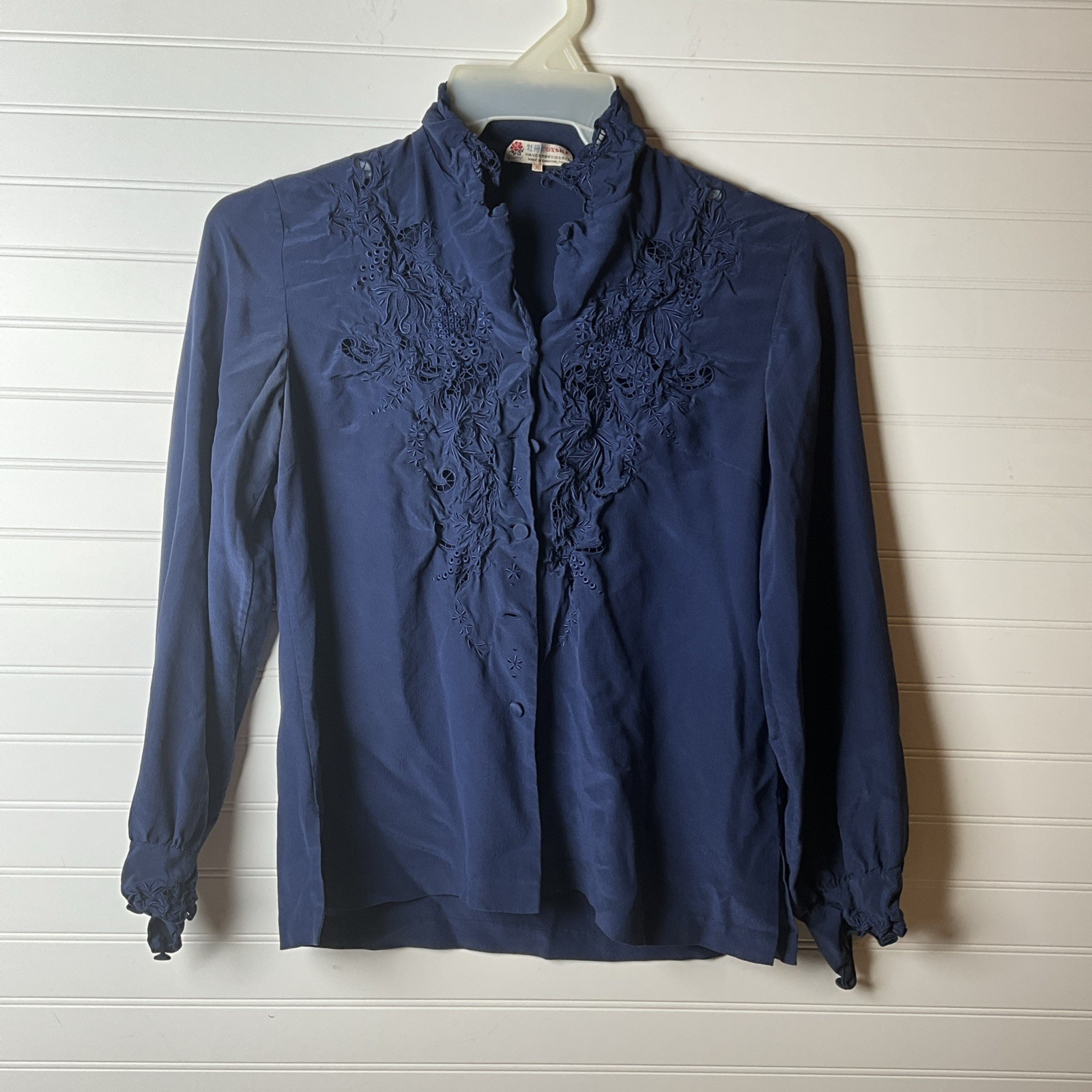 Women S Peony Chinese Style 100% Silk Hand Embroidery Short Sleeve Blouse Blue