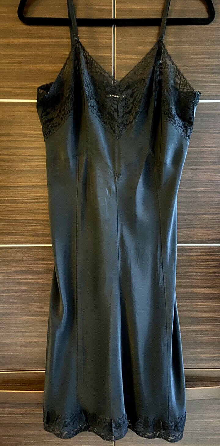VTG Lady Love 8-Gore Women’s Long Black Slip Lace Negligee Lingerie Black Sz. 38