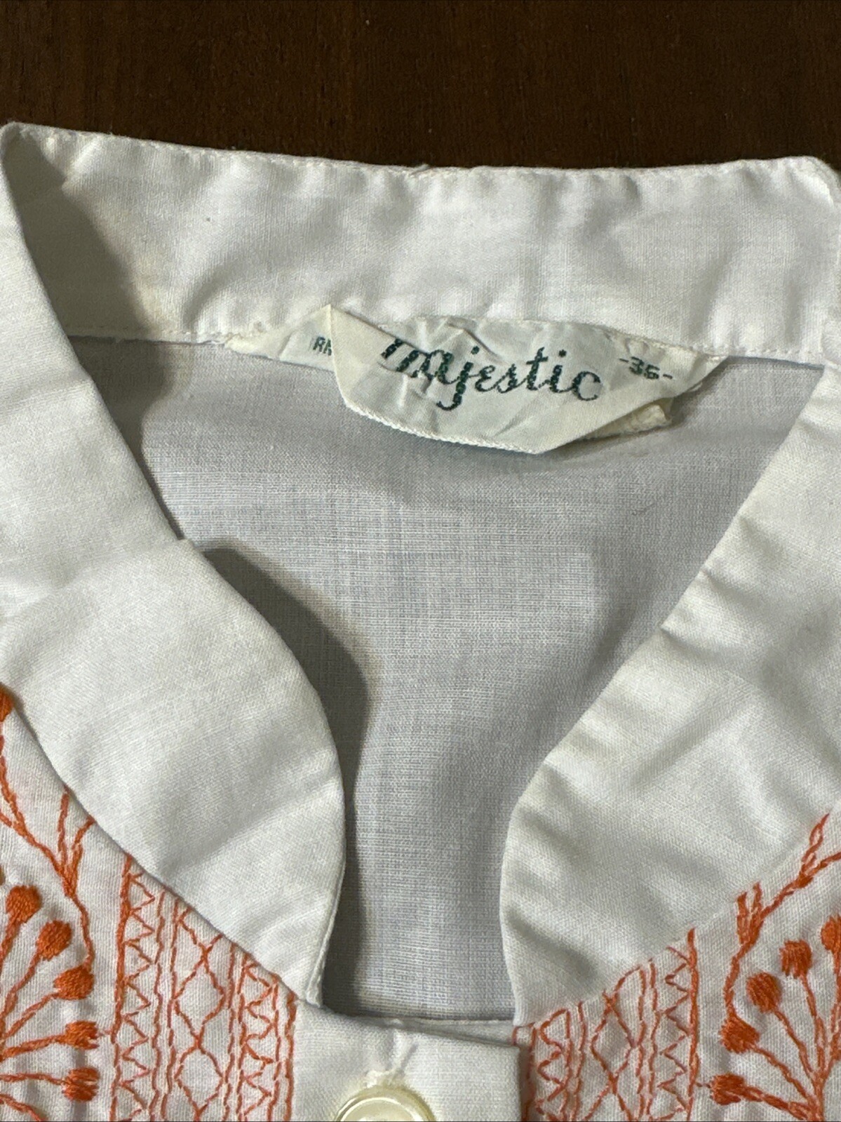 MAJESTIC Vtg 60-70s White Orange Embroidered 3/4 Sleeve Blouse Sz 16