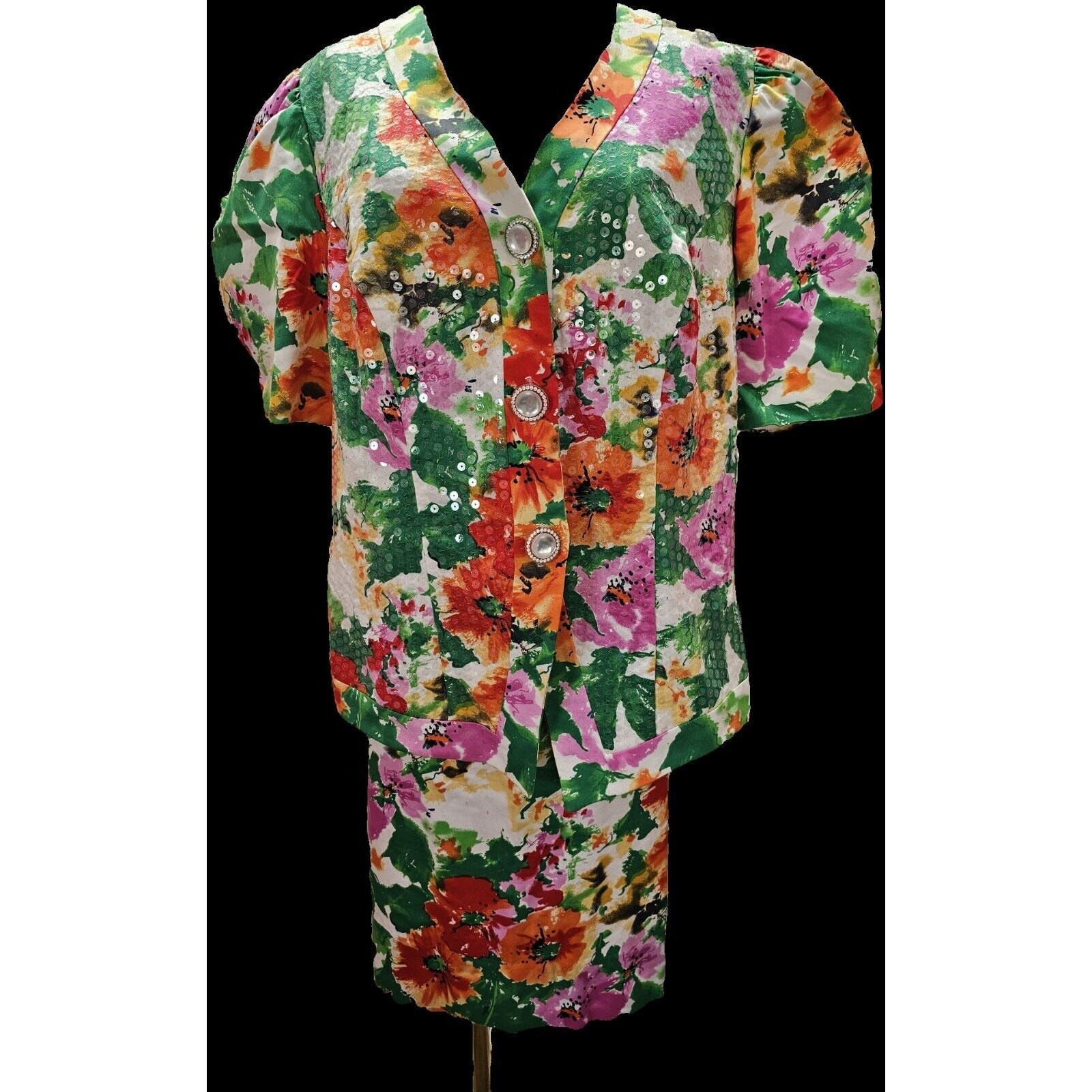 OMG 80s Vintage Pantagis Skirt Set Floral Sequin Top Midi Skirt Dress 16W XL