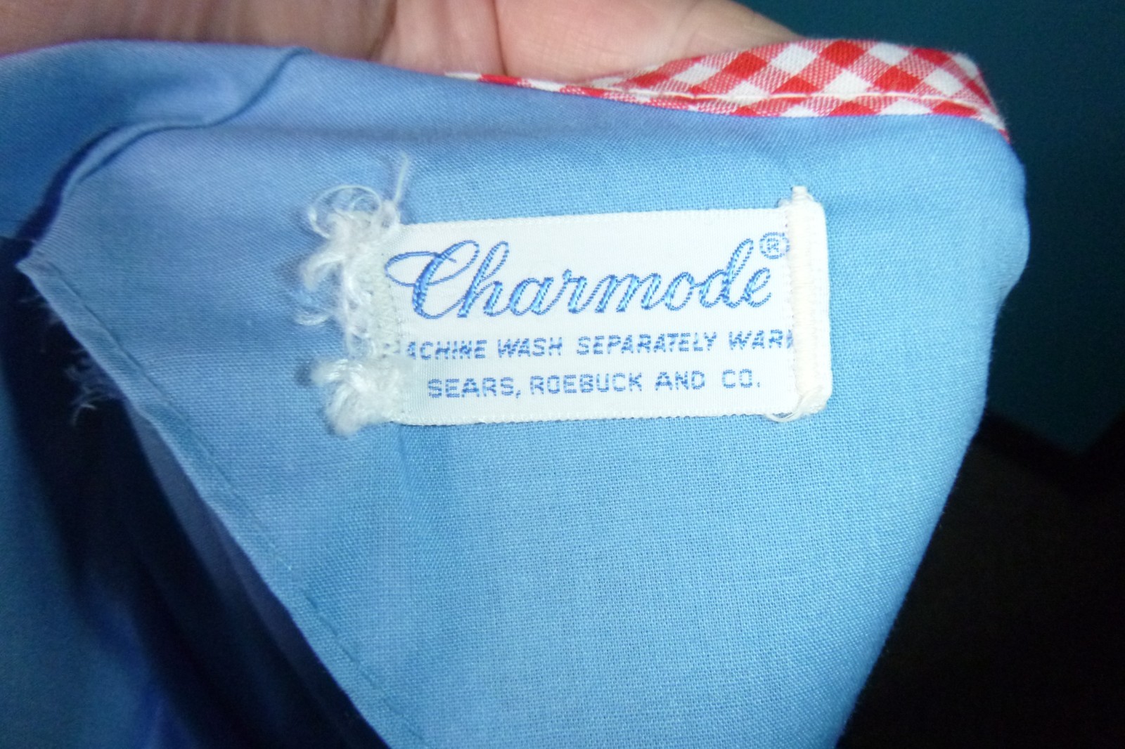 Vtg 60s Charmode House Dress Shift Blue W/ Red Gingham 3D Flower & Trim Sz S/M