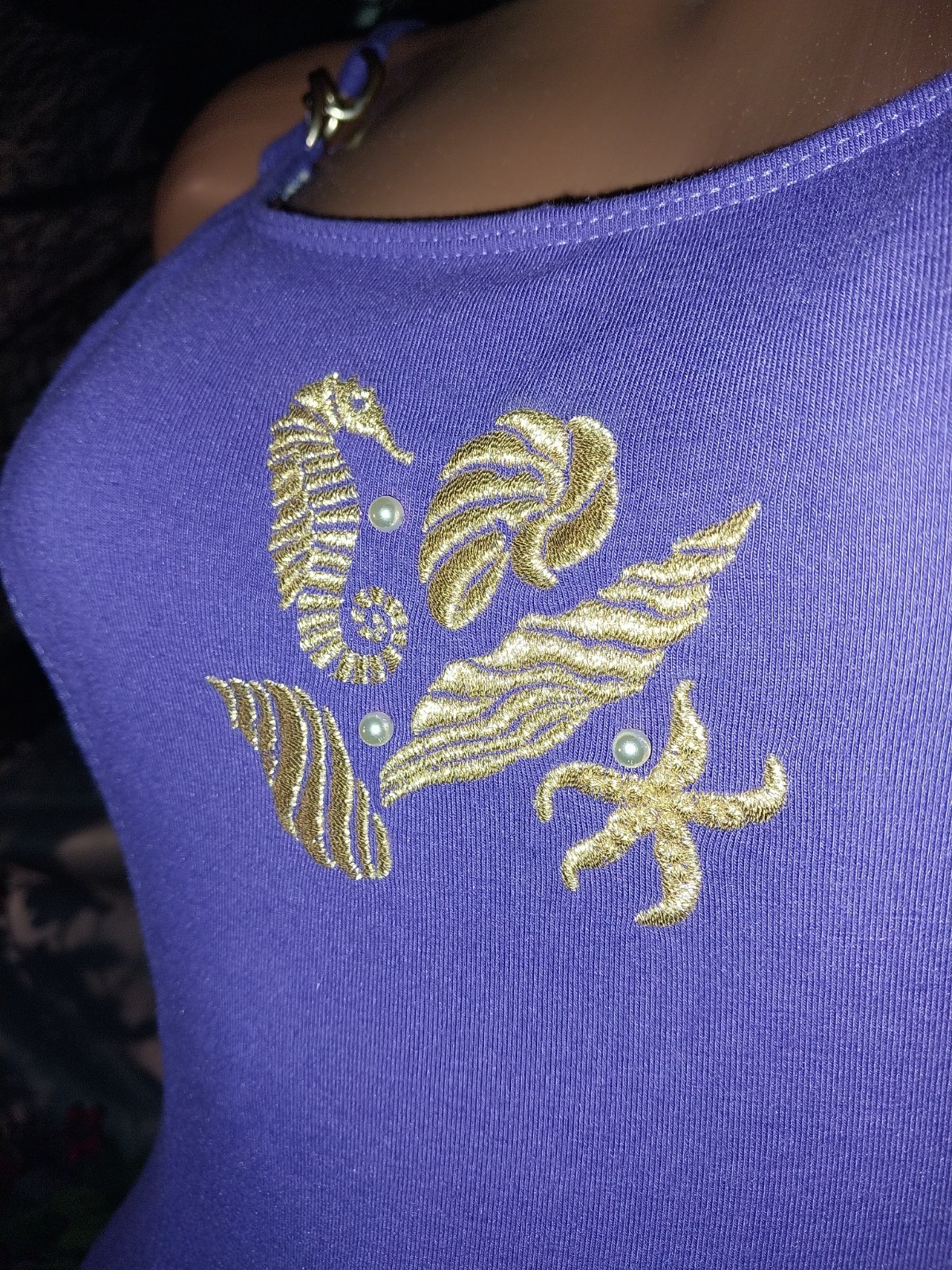 VTG Y2K PURPLE GOLD EMBRD SEAHORSE CHAINS ONE PIECE WORKOUT SWIMSUIT S/M