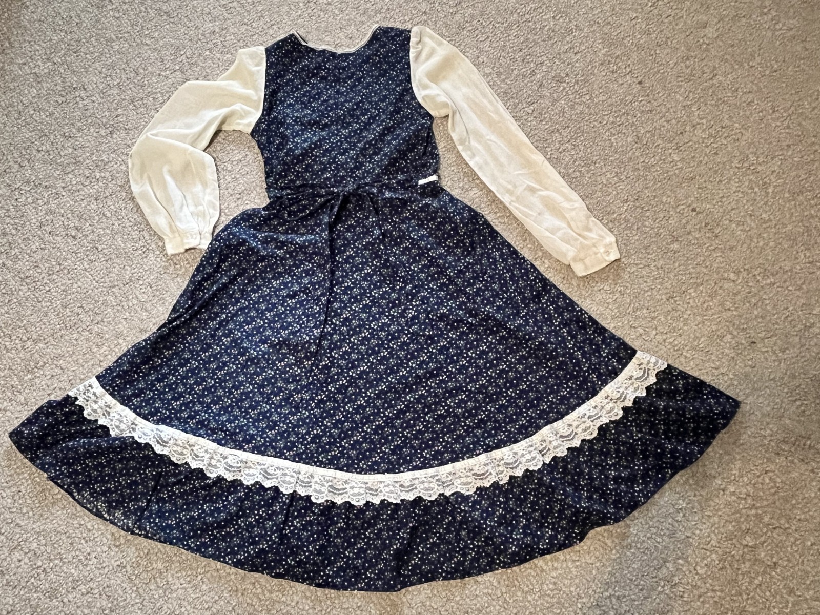 Gunne Sax 1970s Blue Prairie Dress Lace Trim Long Sleeve Vintage