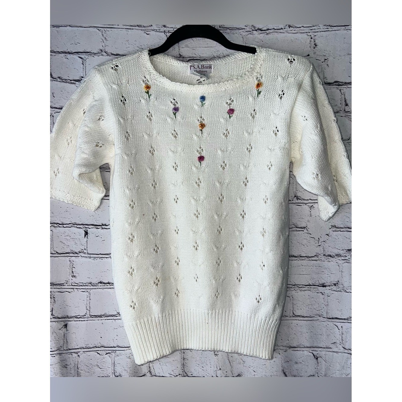 Jos. A. Banks Vintage Women’s Cotton Short Sleeve Sweater Embroidered Flower