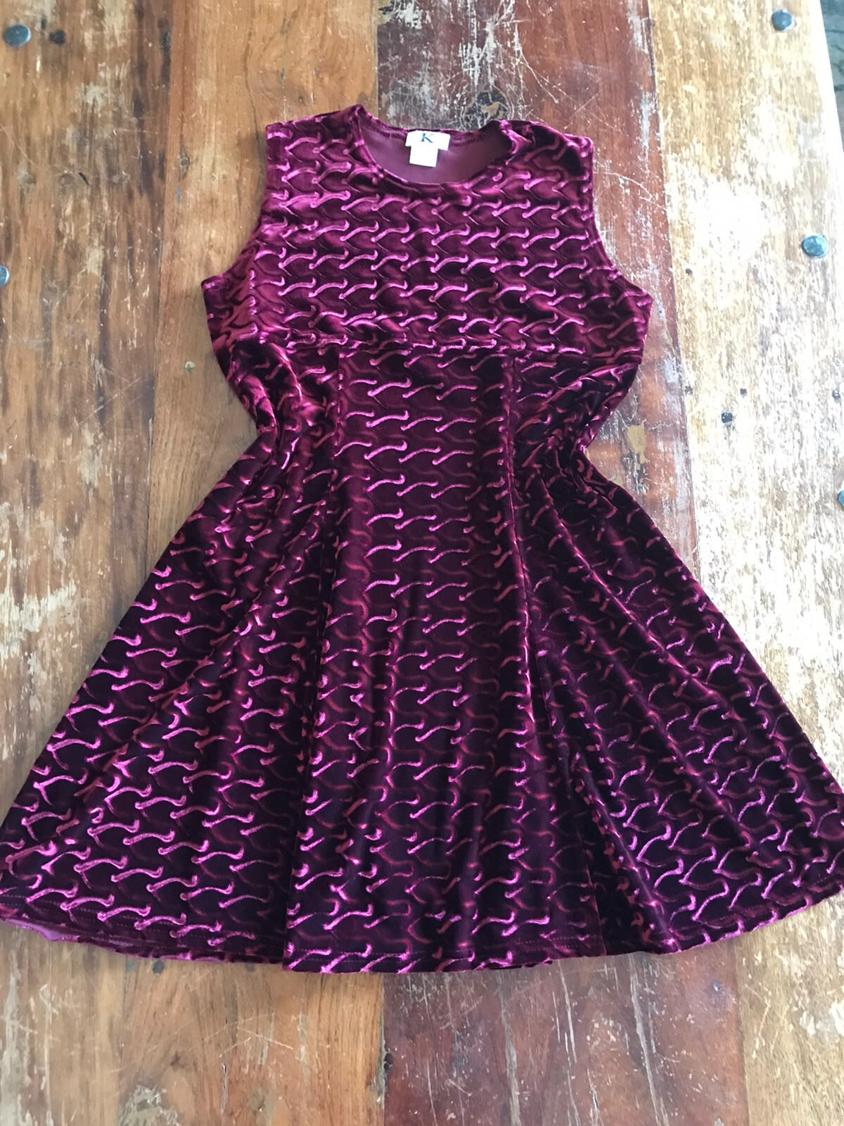 Vtg 1990s unusual fabric merlot red wavy optical illusion velour dress