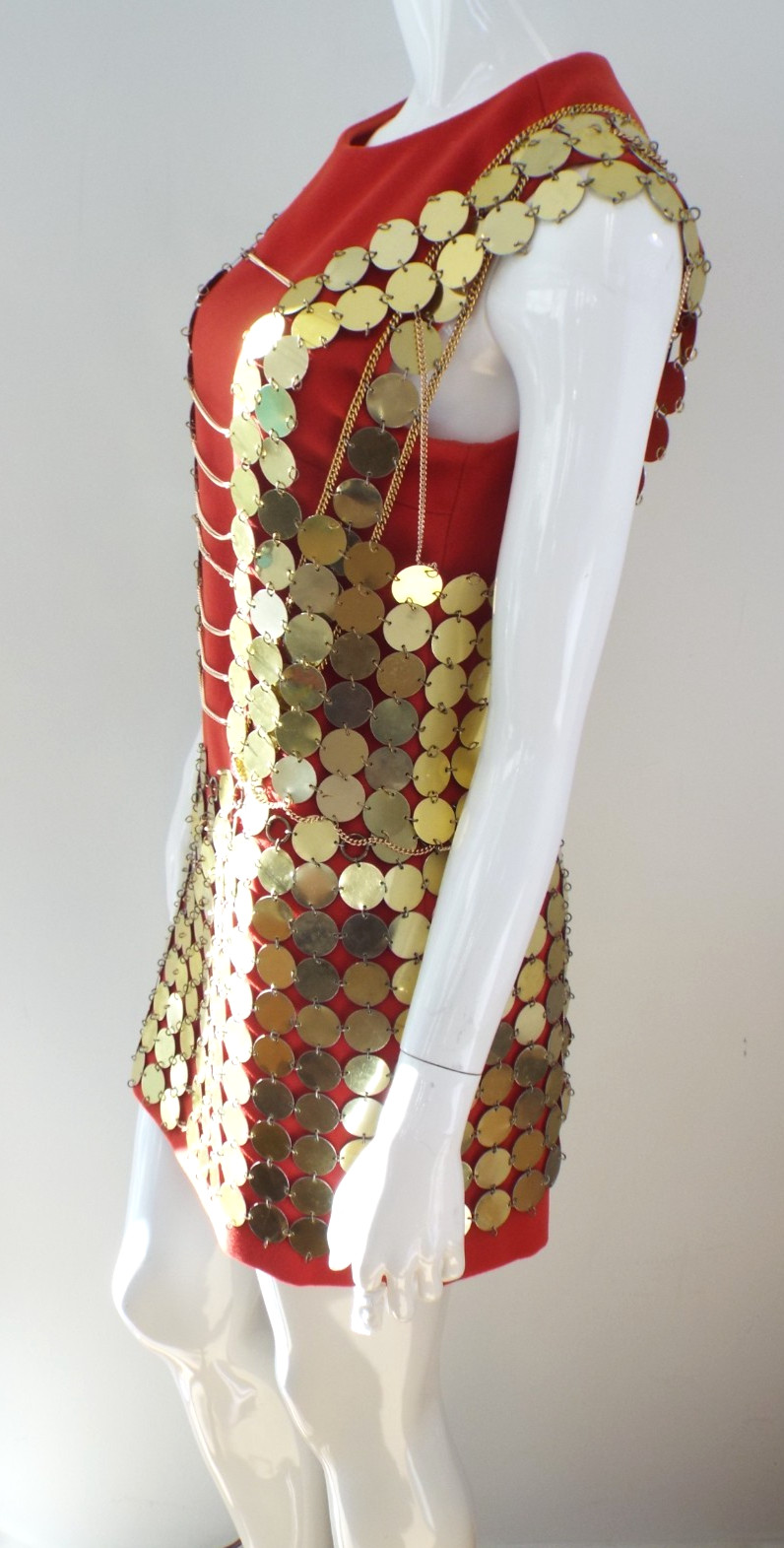 Vintage 1960s Gold Tone Metal Disc Chain Mail Vest Top & Skirt Dress Paillette