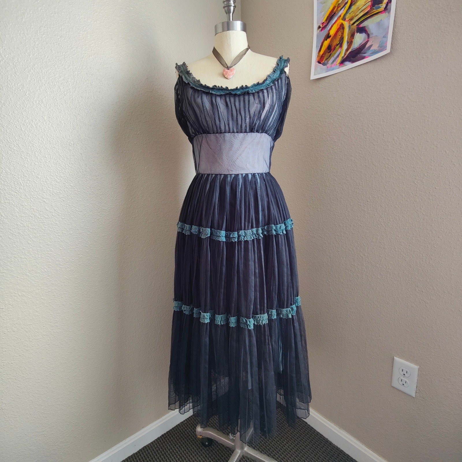 Vintage 1950s Smart Miss Illusion Lace Party Dress Pleated Tulle Midi Prom Retro
