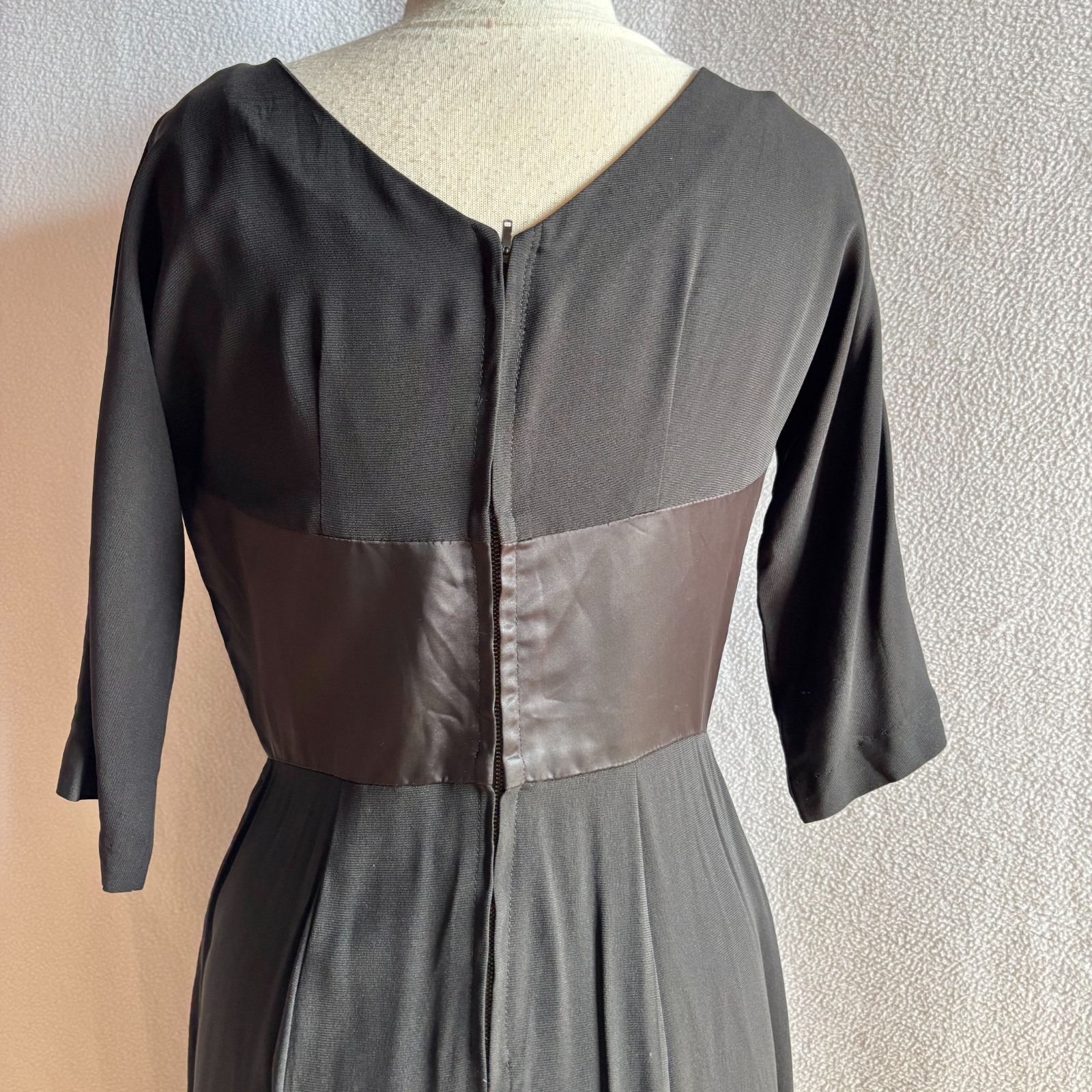Vintage 1950s Lora Lenox Little Black Sheath Dress LBD with Satin Flower