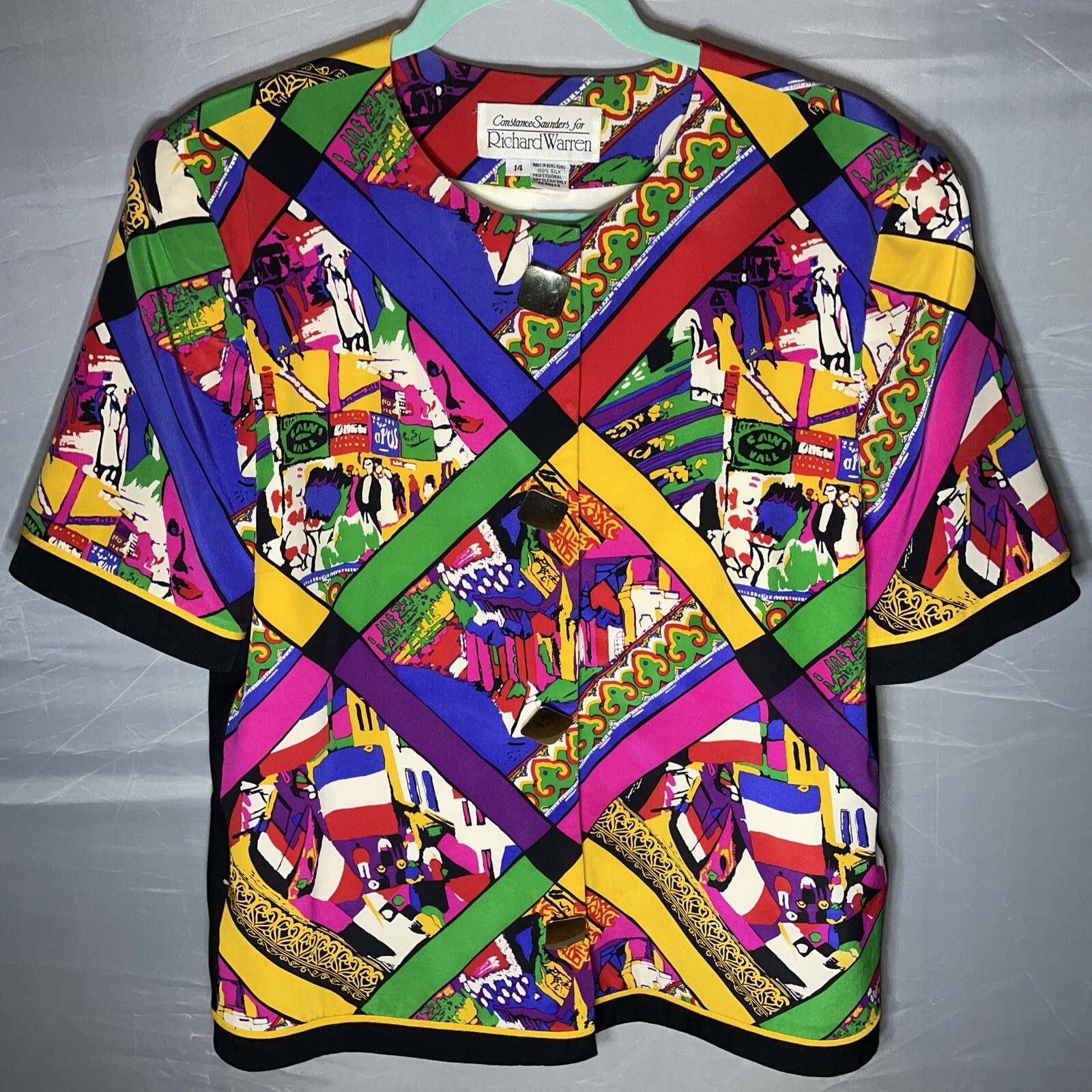 Vintage Constance Saunders Richard Warren Size 14 Silk Blazer Jacket Artsy 80s