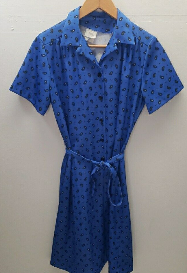 VTG Nancy Frock Wear Anywhere Dress Sz 14 Blue Floral Paisley Short Sleeve Belt