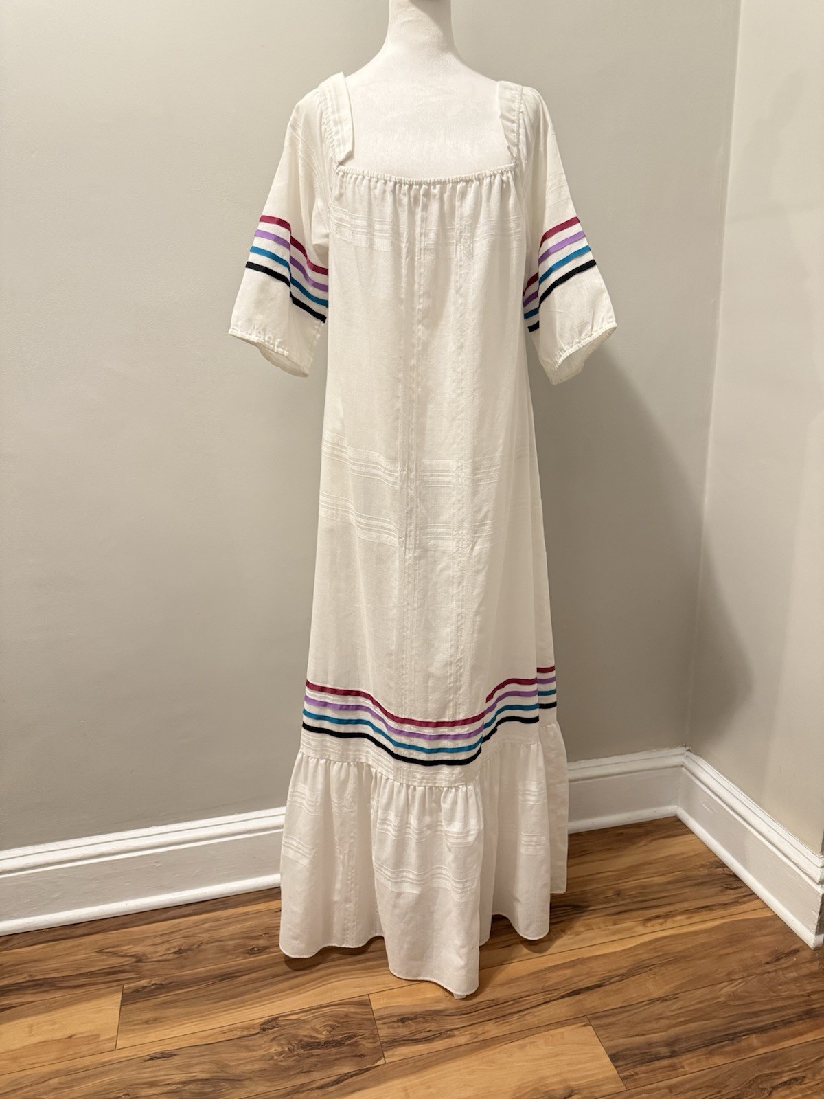 Vtg Liberty House Carol Bennett Kaftan Maxi Dress White Colorful Ribbon M READ