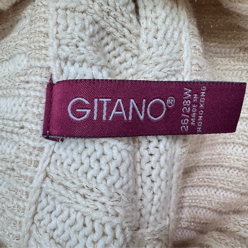 Vintage Gitano Ivory Cable Knit Turtleneck Sweater with Metallic Threads Y2K XXL