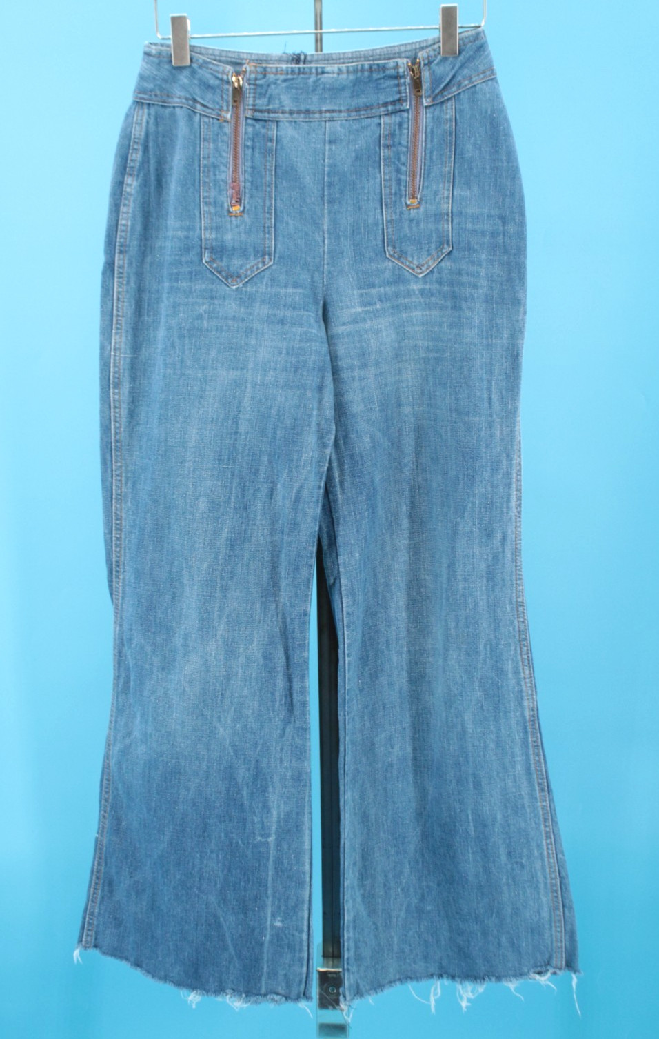 VTG Women’s 70s Light Blue Denim Double Zipper Bellbottom Jeans Sz 28″ 1970s
