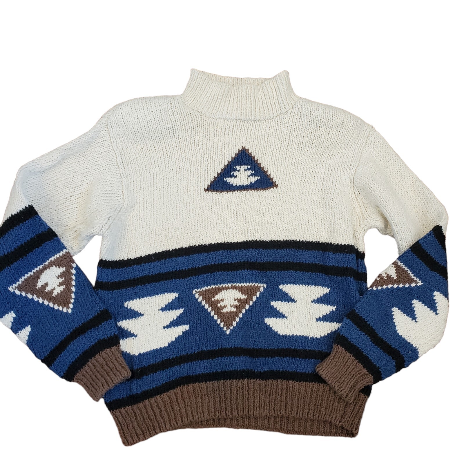 Mockneck Southwest Aztec Sweater Cream VTG 90s S/M Chunky Western Earth Tones