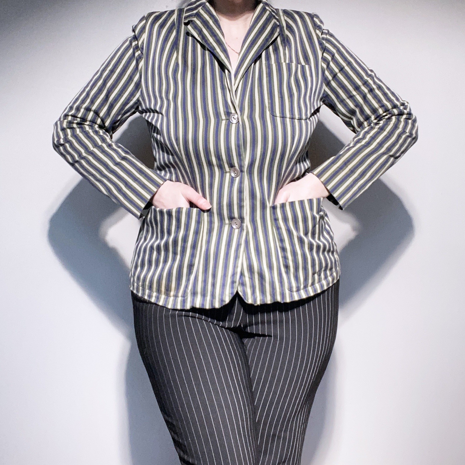 Vintage 40s Florence Walsh Green/Blue/Creme Striped Button Up Chore Blazer S