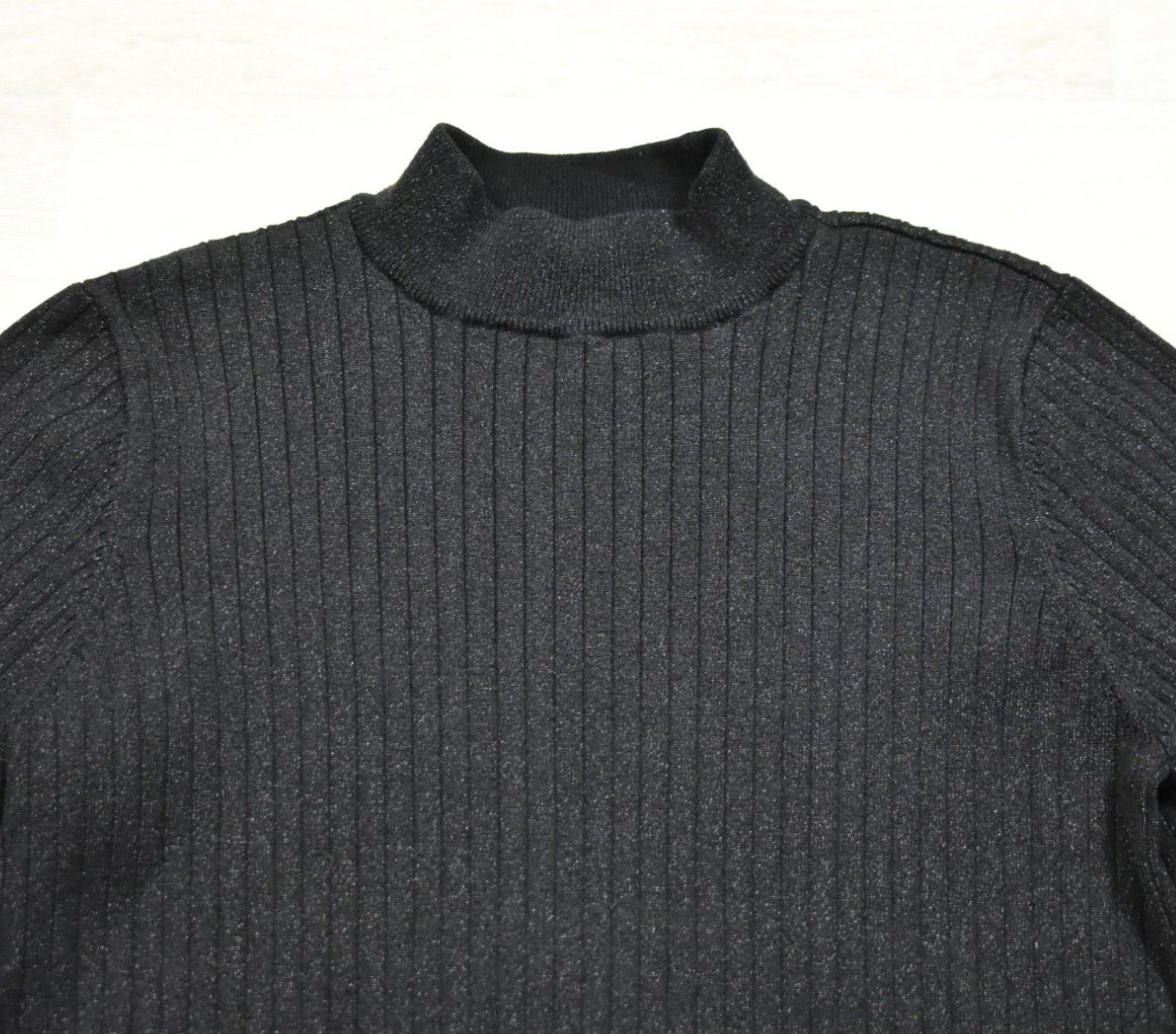 90s Laura Ashley Mock Neck Sweater Black Glitter Ribbed Silk Blend Medium VTG