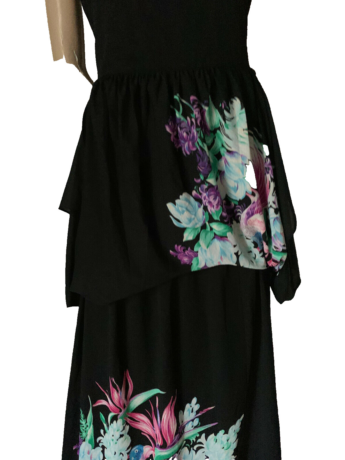 70s Vintage Black Maxi Dress Floral Bird Print Layered Jersey Boho 36 38