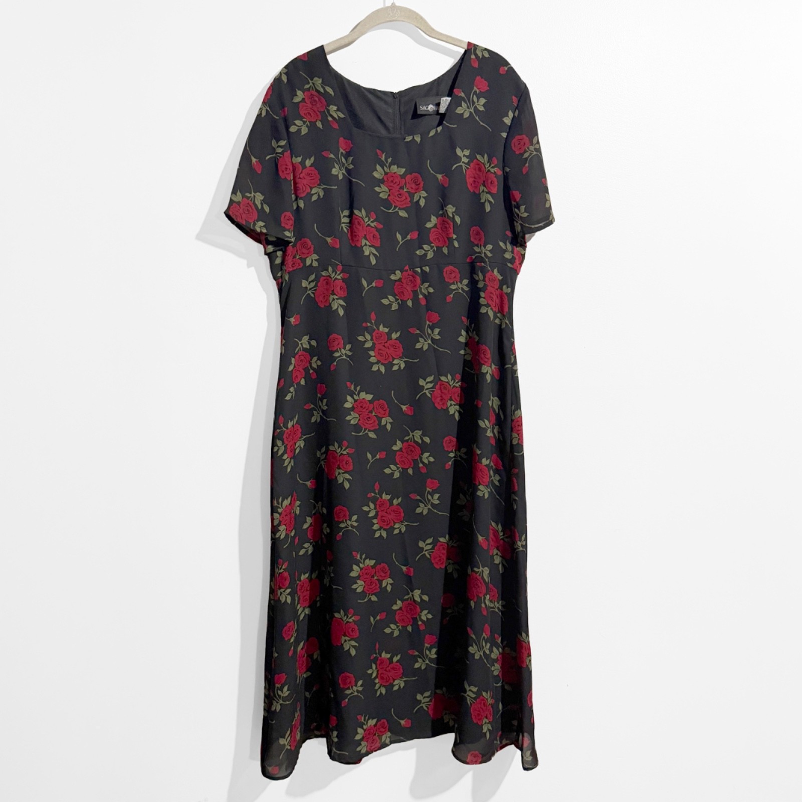 Vintage 90s Empire Waist Dark Floral Black Rose Print Maxi Dress Vintage Size 16