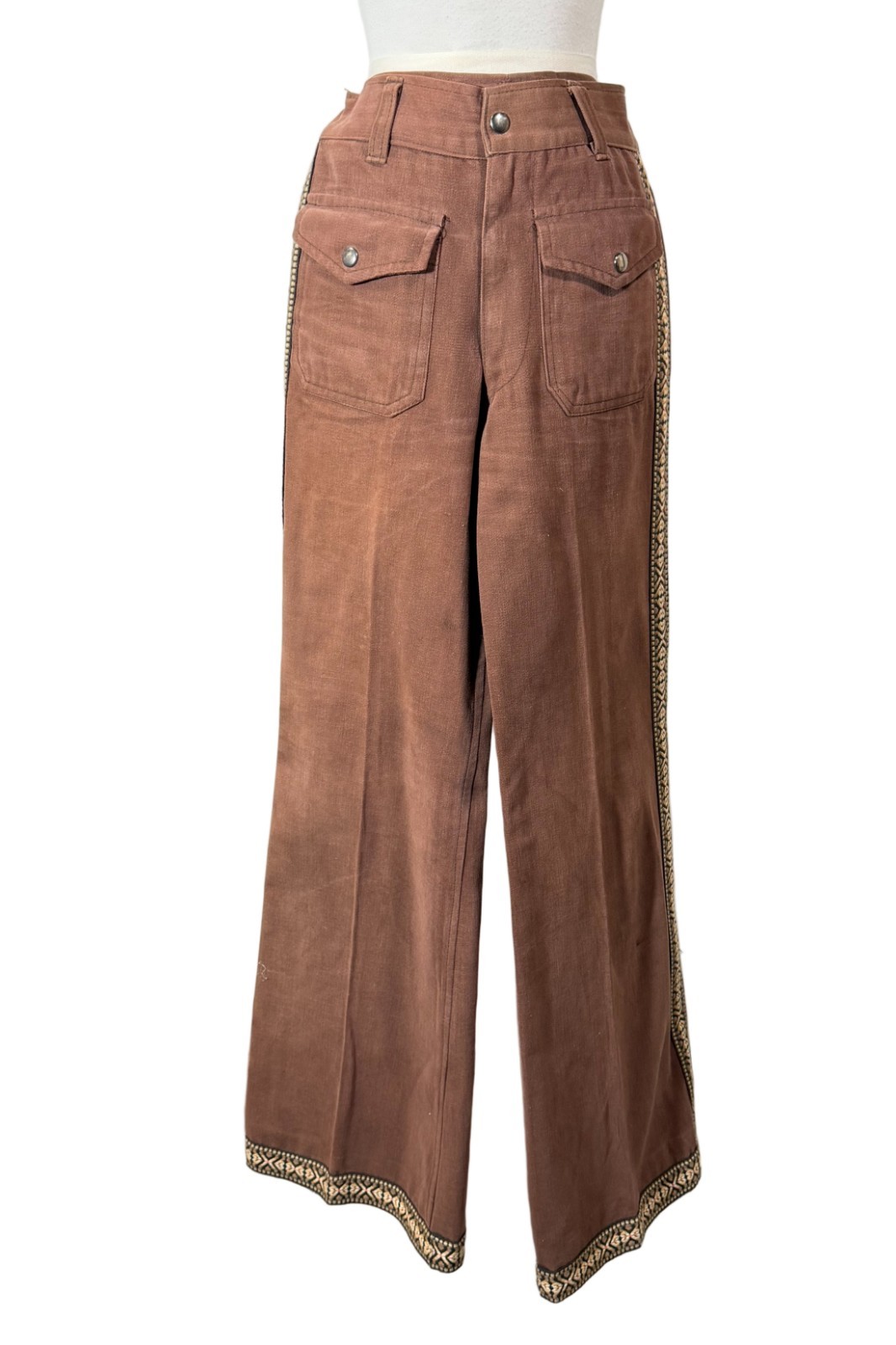 VTG Brown Bell Bottom Jeans, Tapestry Banding, 70s/80s Hippie Pants 29″ Waist