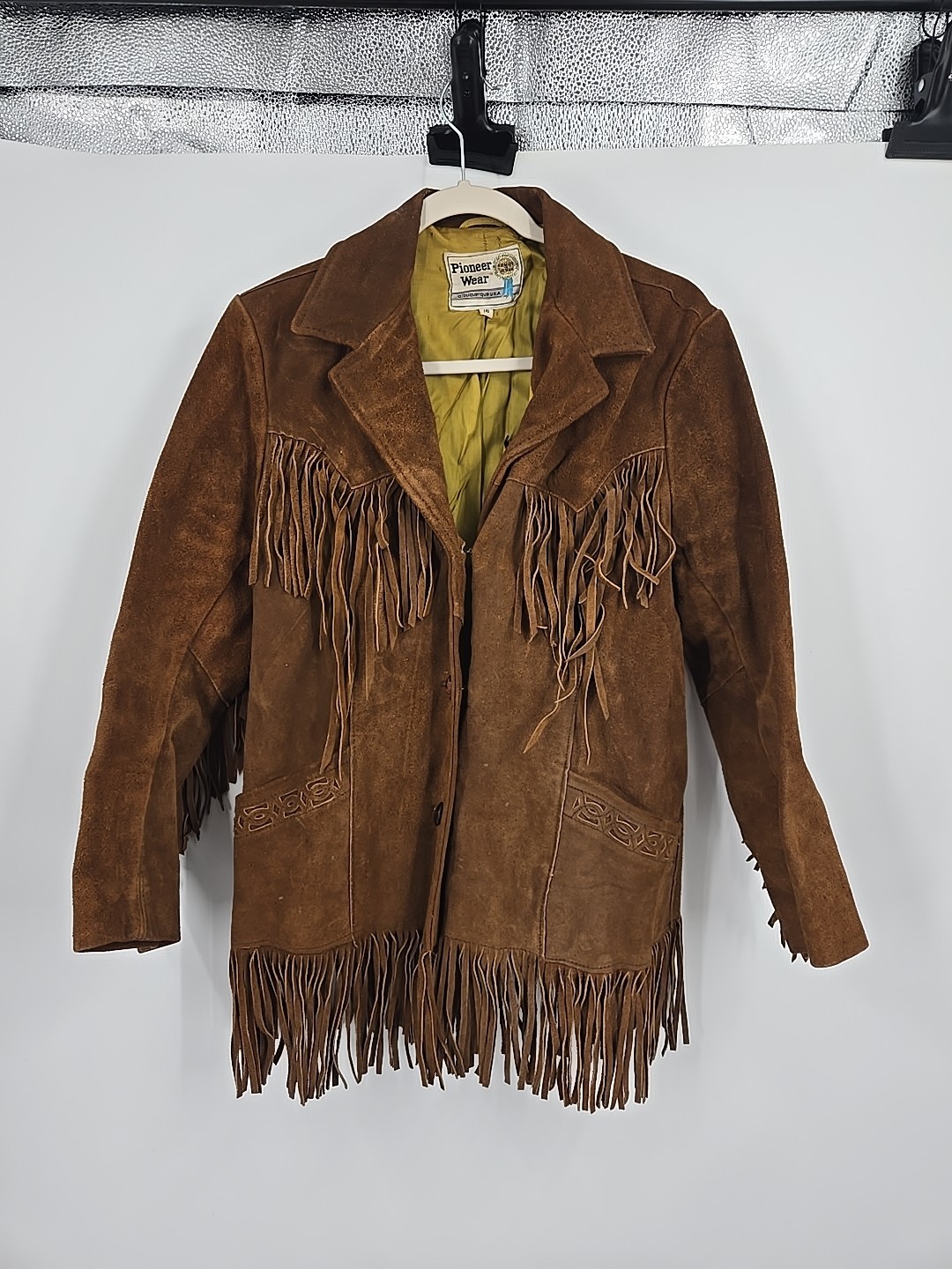 Vintage 1960s Pioneer Wear Brown Suede Fringe Jacket Coat Womens 16 Retro Cowboy