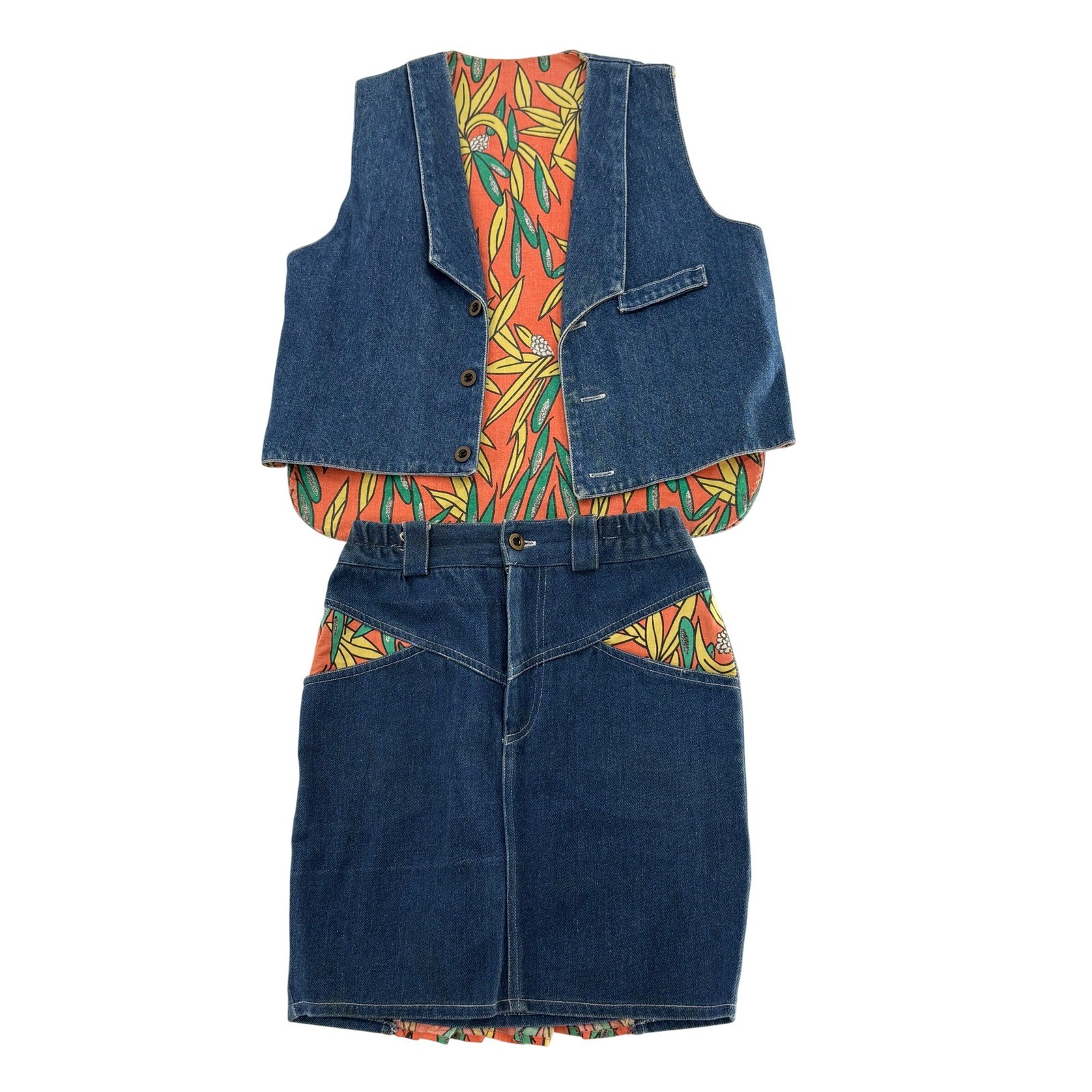 Vintage Papaya Denim Vest and Skirt Set Size 8 Tropical Ruffle Western 80s 90s