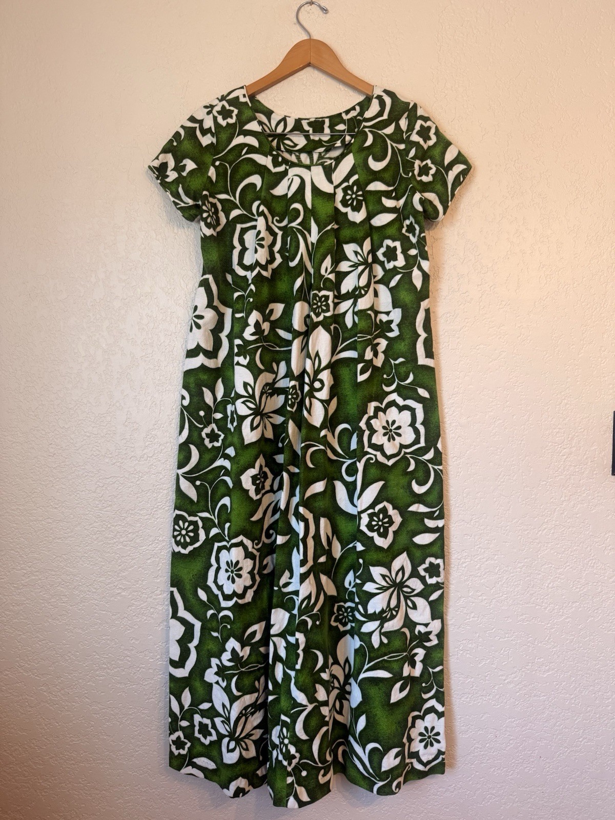 Vintage Handmade Hawaiian Barkcloth Maxi Dress New Deadstock Green M Muumuu