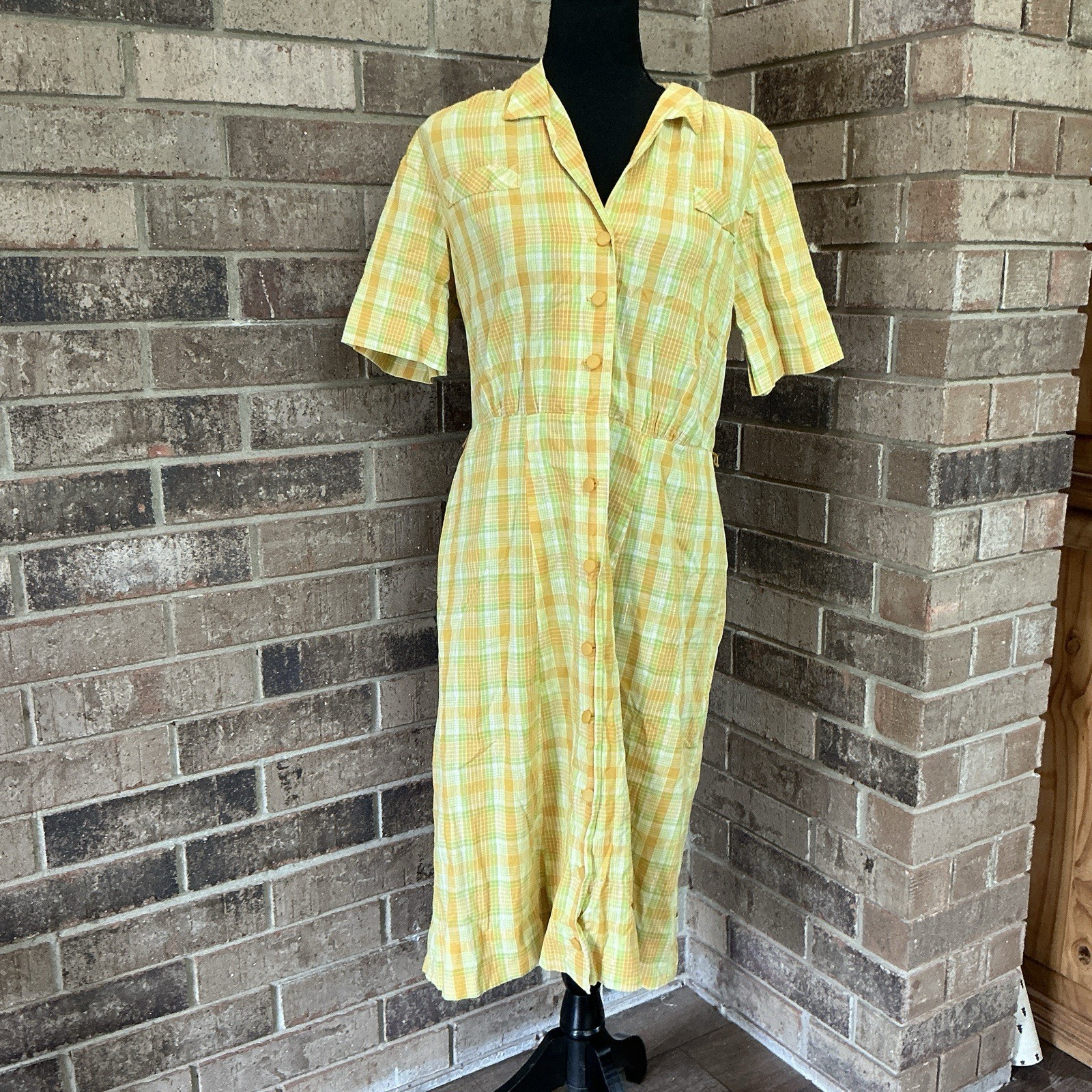 60s 70s VINTAGE Yellow Plaid Shirtwaist Midi Dress Button Front Size M #4901