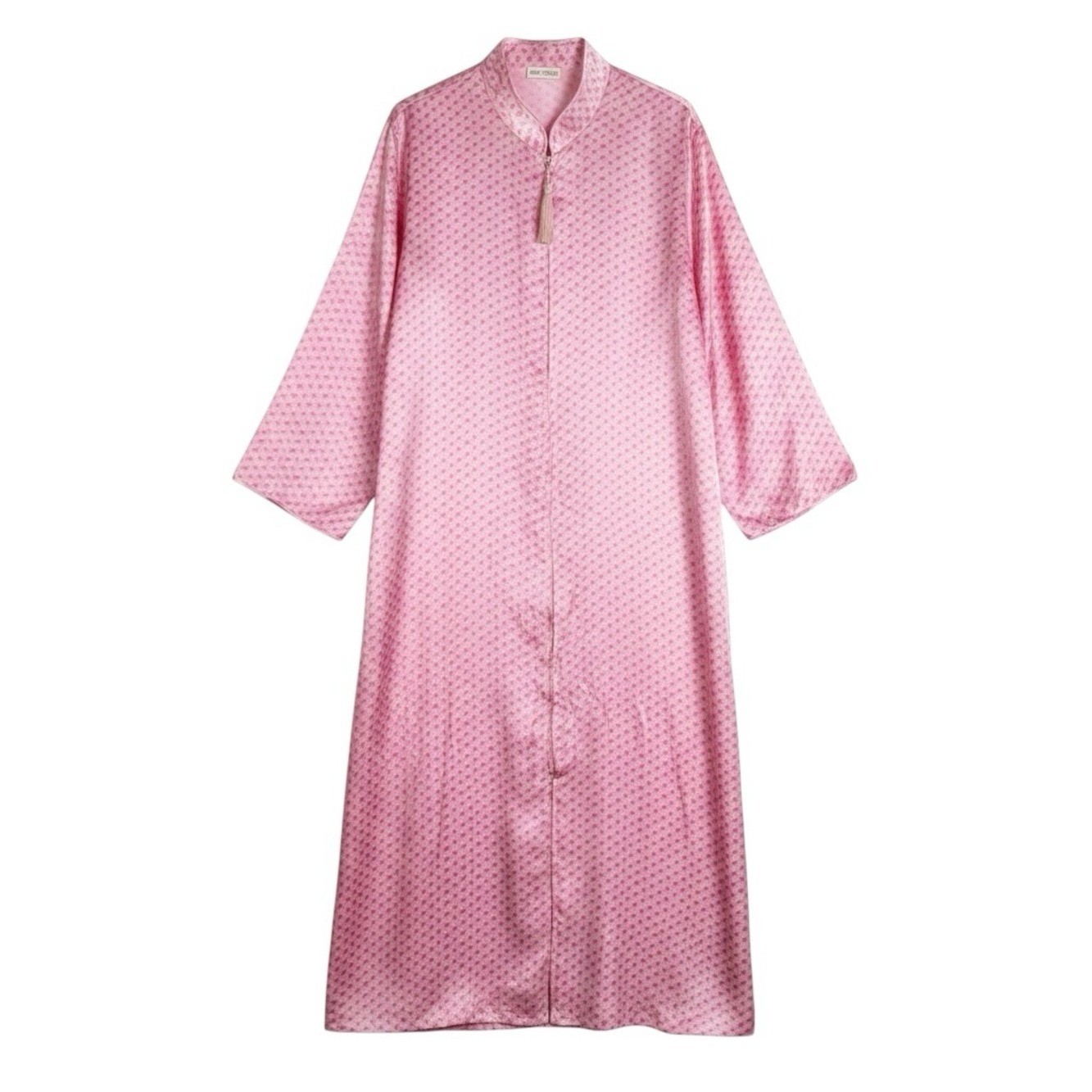 Vintage Natori Pink Satin Caftan Robe Lounge Dress Floral Tassel Size XL
