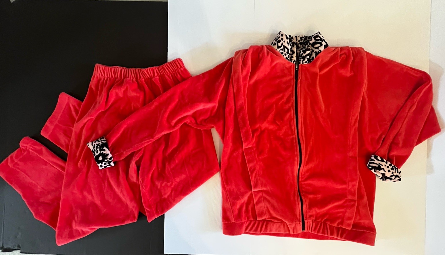 Vintage 90s Neiman Marcus M Red Velour Animal Print Track Suit Jacket Pants Set