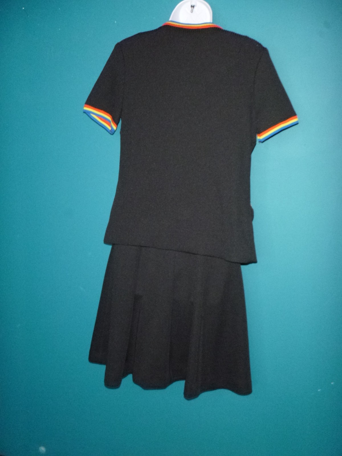 Vtg 70s Kelly Arden Stretch Poly Mini Dress W/ Cardigan Black Rainbow Trim Sz S
