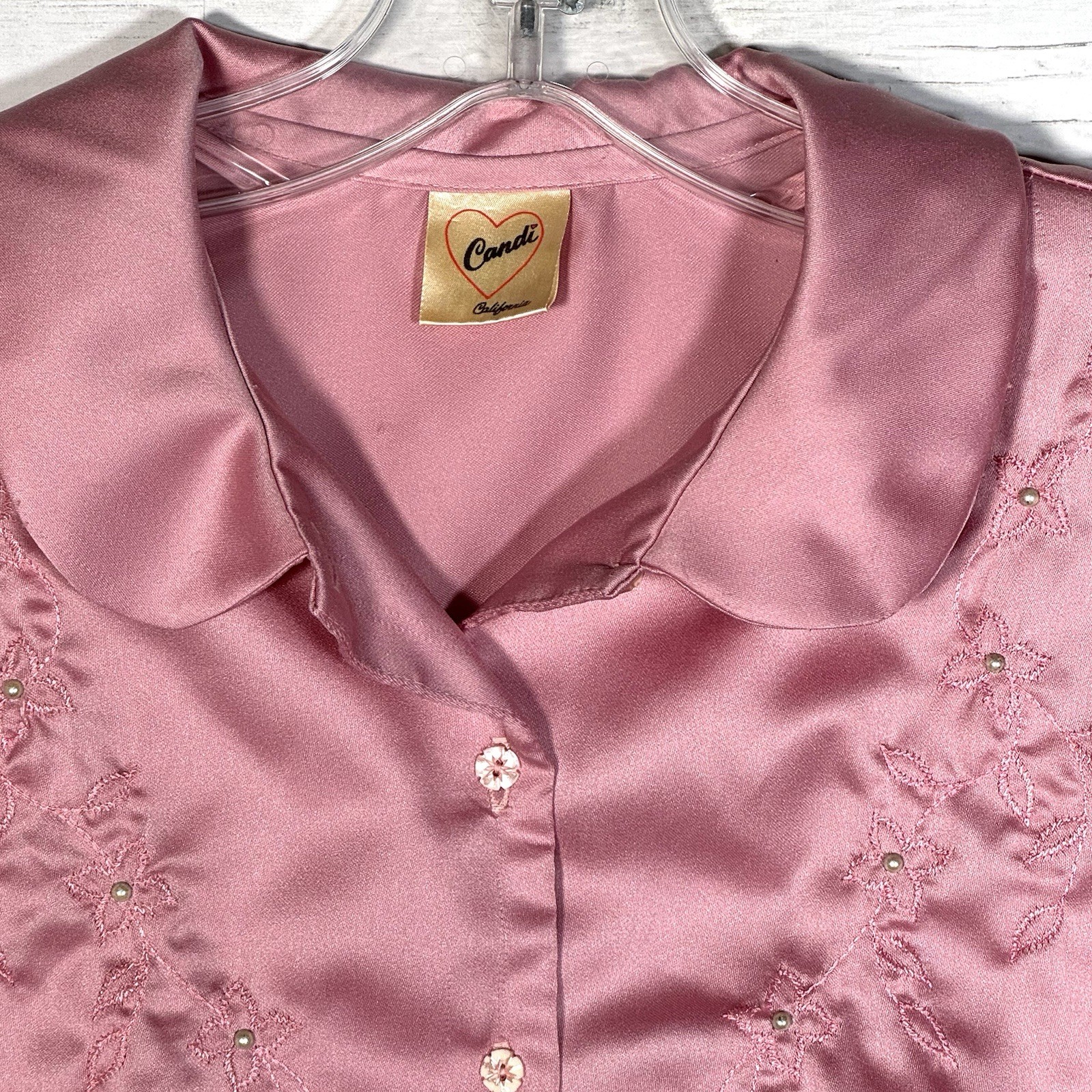 Vintage 70s CANDI Jones California Pink Puff Sleeve Blouse Embroidered Beaded M