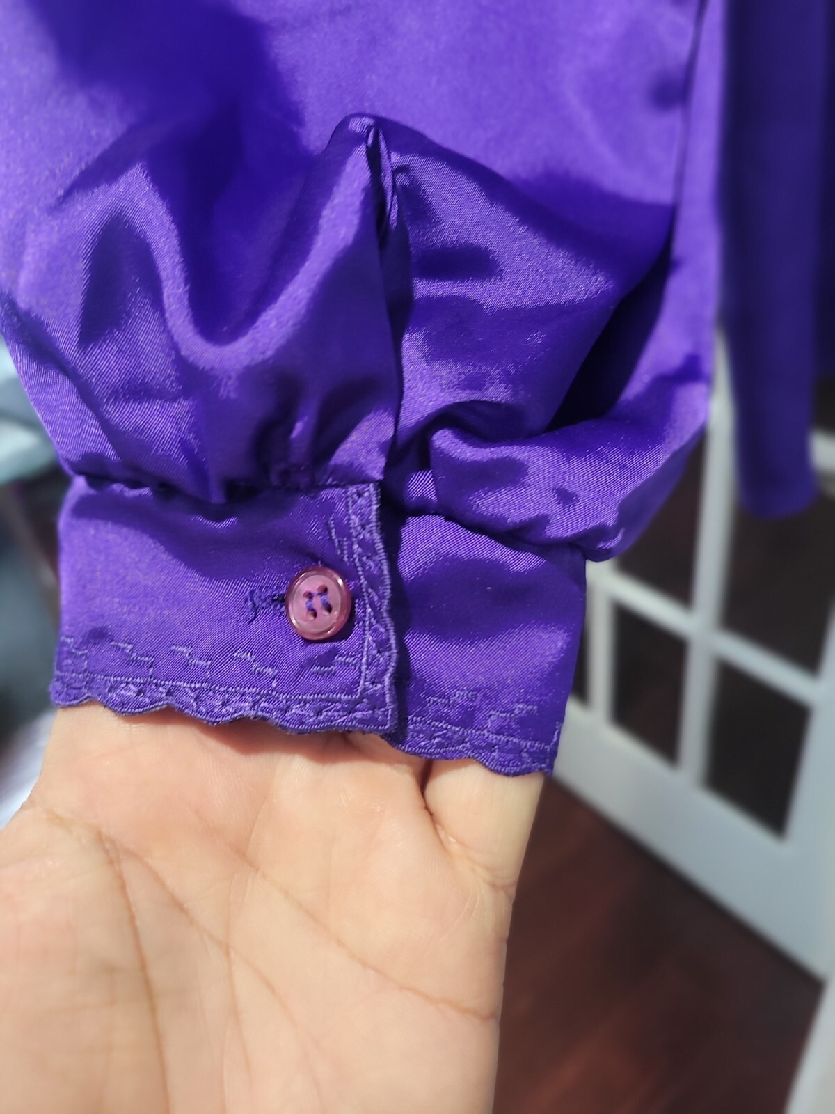 Vintage Compositions Shiny Purple Button Back High Neck Secretary Blouse Sz 12