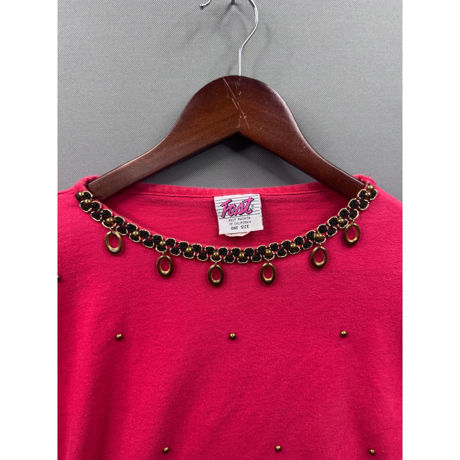 Fast Fashion of California Vintage Hot Pink Studded Charm Embellished Tee OS