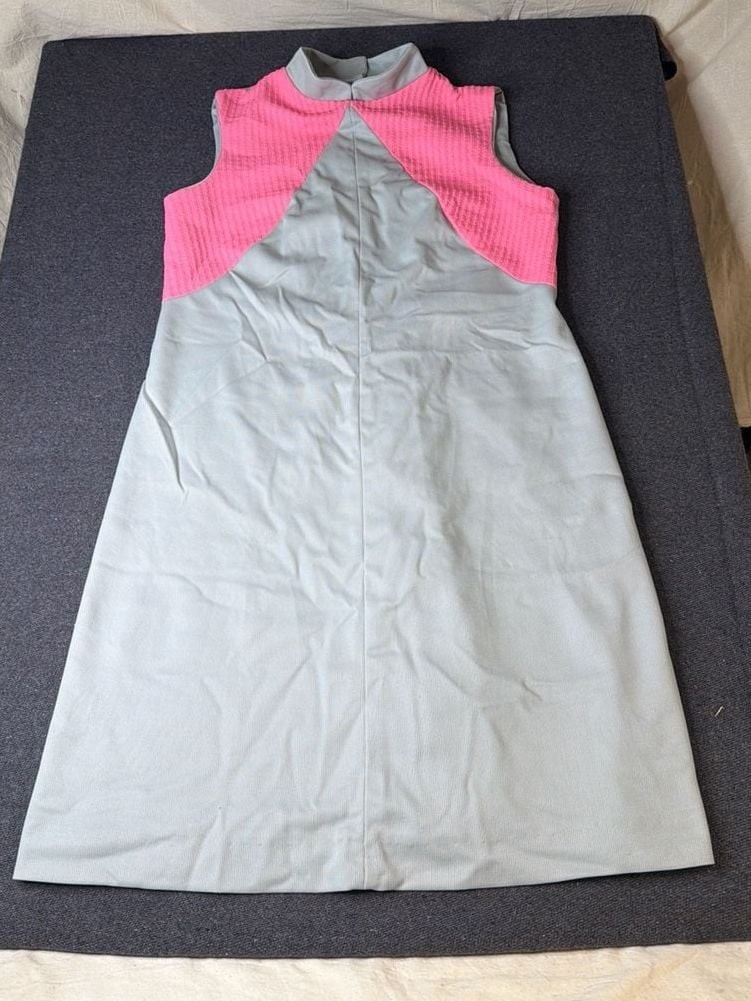 Vintage 60s Mod Pink and Gray Colorblock Sleeveless Mock Neck Mini Dress