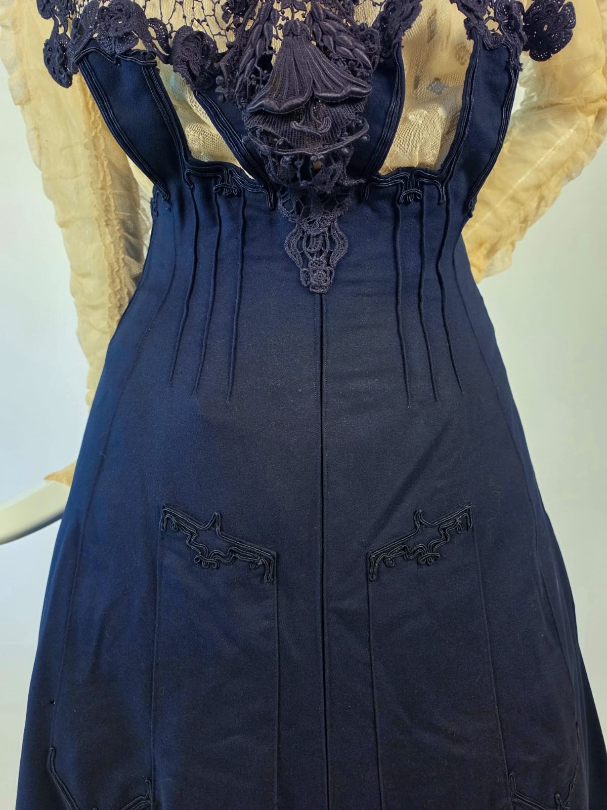 EDWARDIAN BLUE CASHMERE + LACE DRESS W RUCHED IVORY NET SLEEVES
