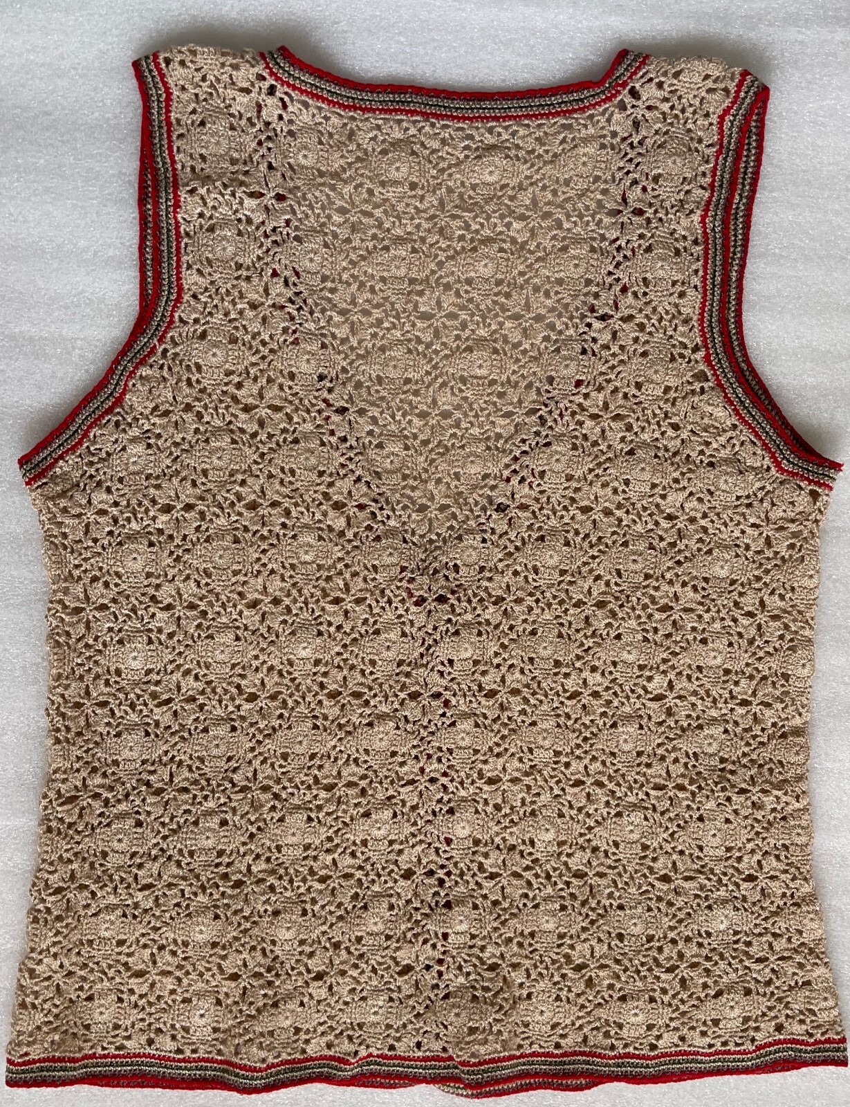 VINTAGE HANDMADE CROCHET BEIGE VEST, BUTTON FRONT, 41″ CHEST 40″ WAIST, L/XL
