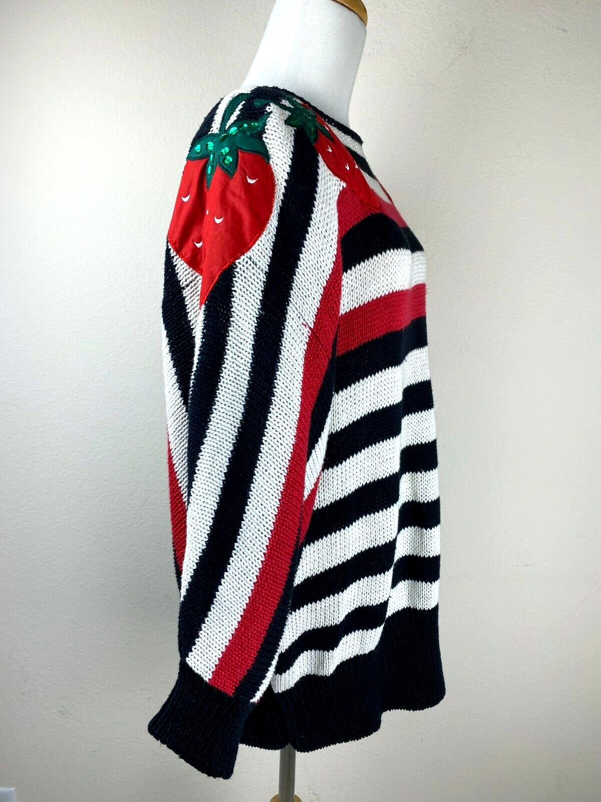 VTG 80s Bonnie Boerer Grannycore Batwing Chunky Sweater S Red Black Striped Knit