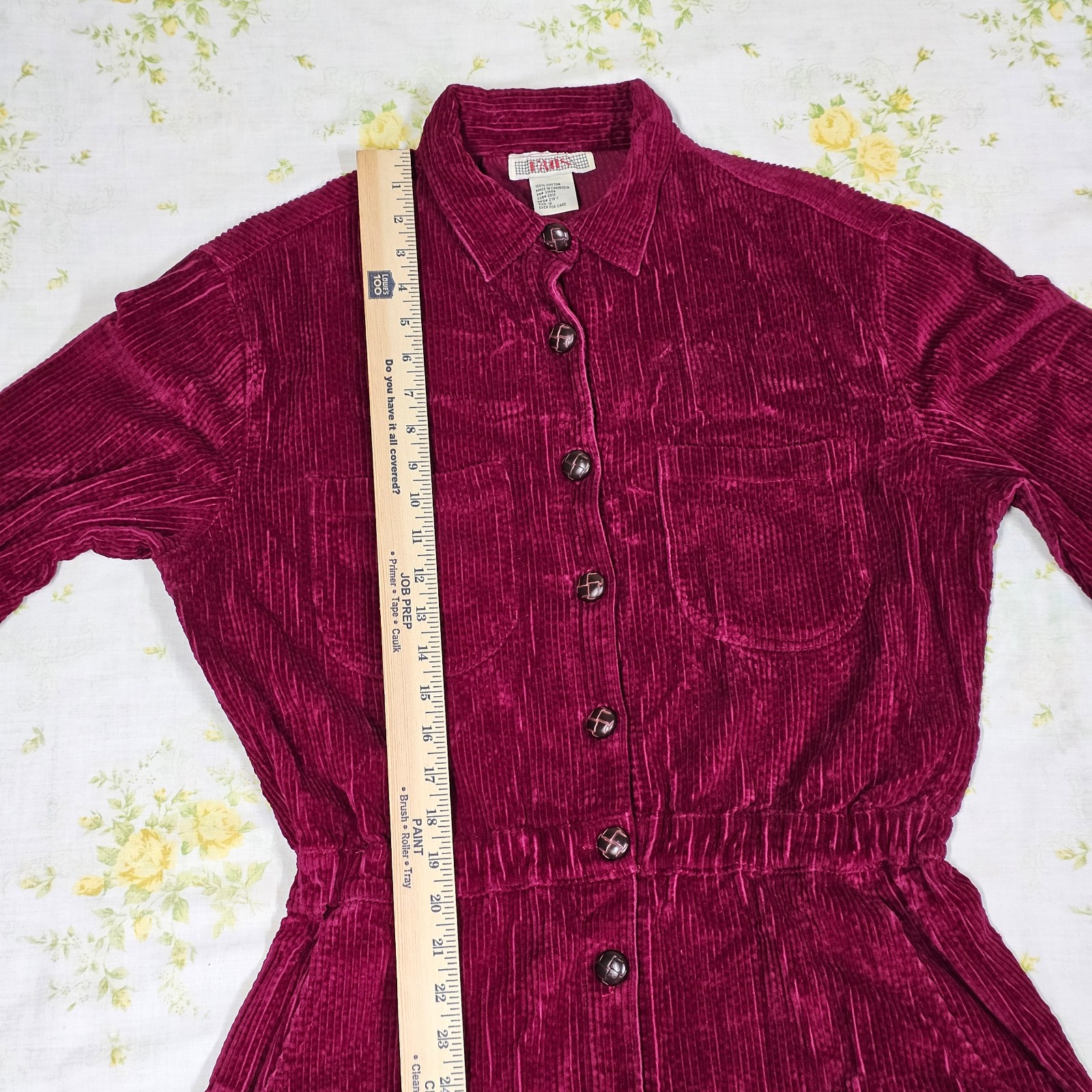 Vintage Fads Wine Red 100% Cotton Corduroy Long Sleeve Maxi Dress Prairie Modest
