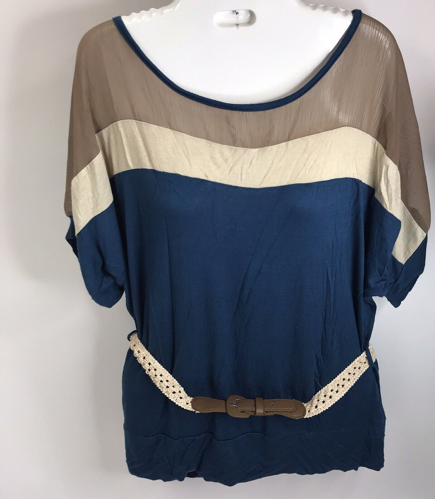 Vintage Top Belted Color Block popover Polyester Blouse L/XL Belinda 80s 90s