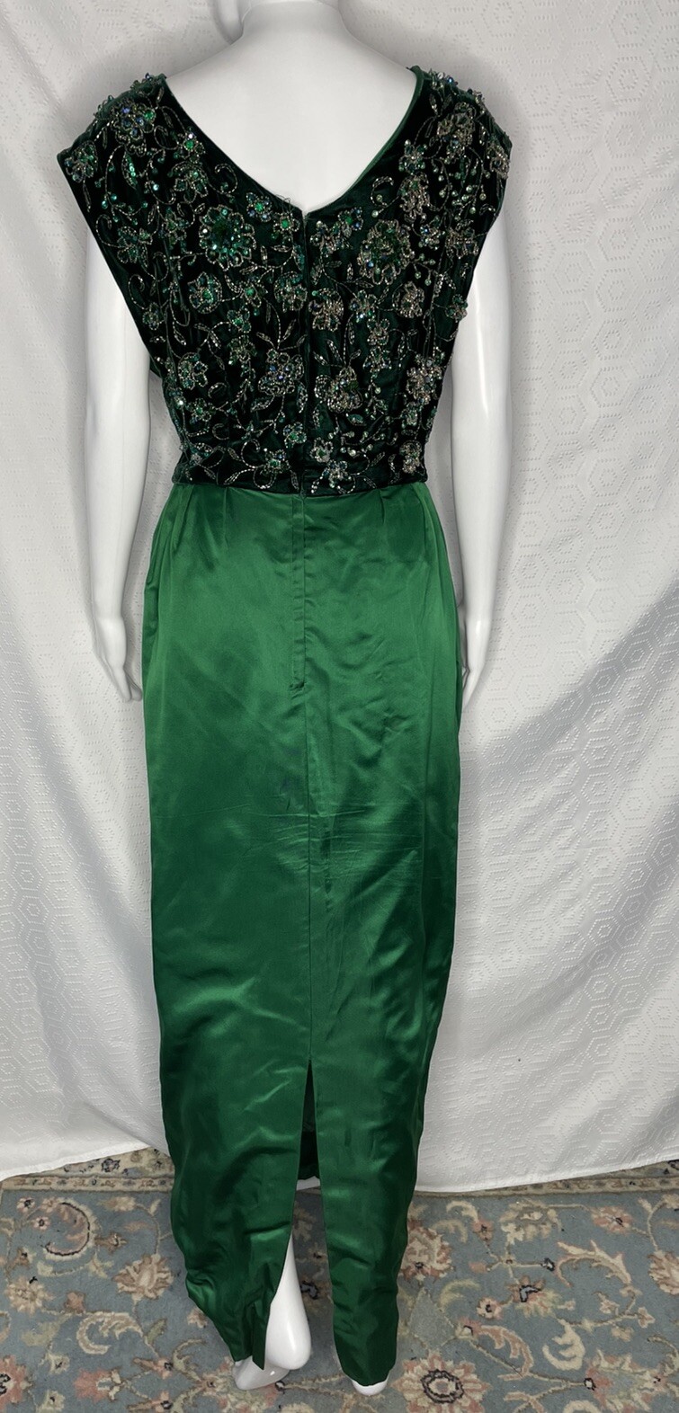 Vintage 60s Beaded Satin Velvet Gown Dress Pat Sandler For Highlights Green S